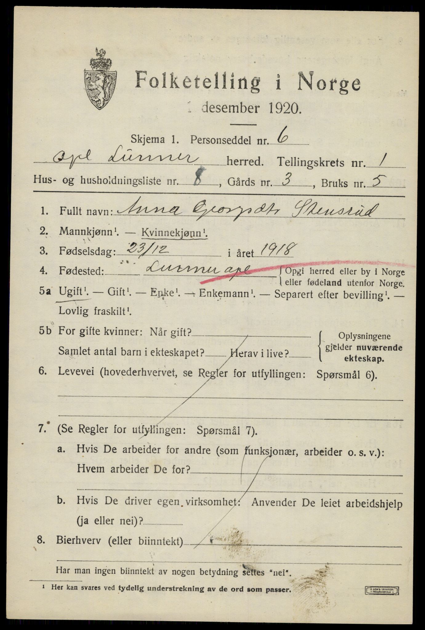 SAH, 1920 census for Lunner, 1920, p. 1737