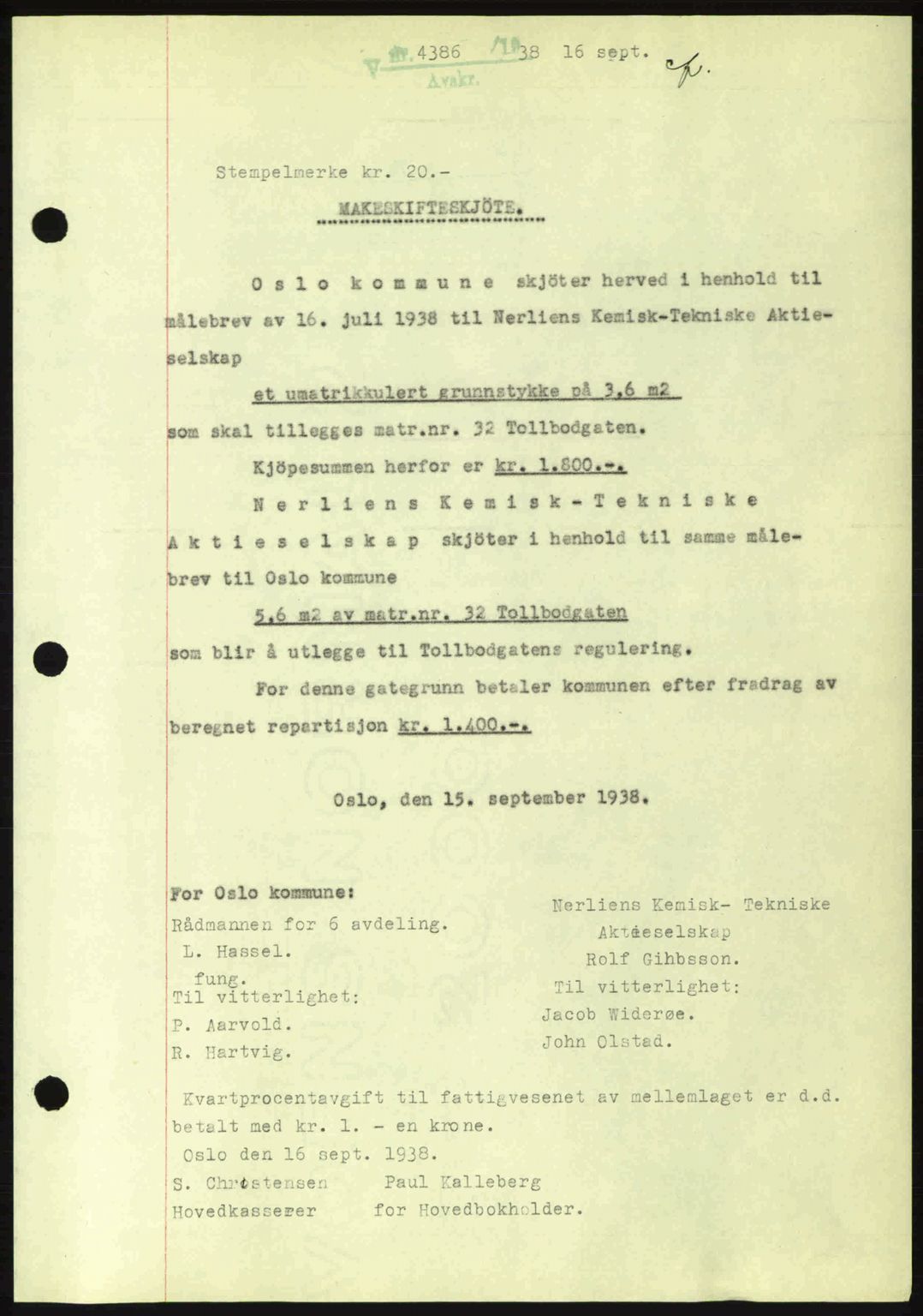 Oslo byskriverembete, AV/SAO-A-10227/G/Gb/Gbb/Gbbb/L0003: Mortgage book no. VA3, 1938-1939, Diary no: : 4386/1938