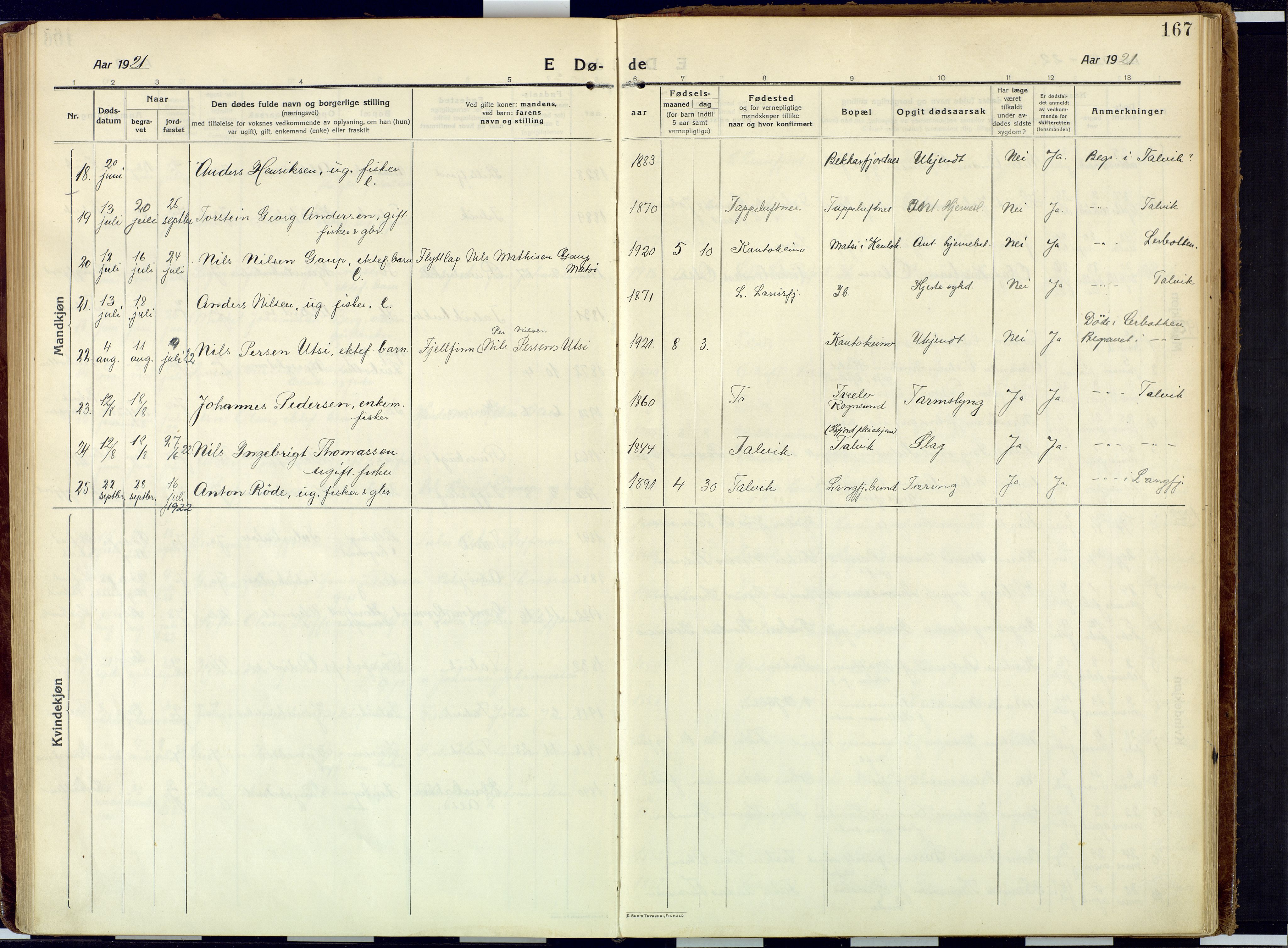 Talvik sokneprestkontor, SATØ/S-1337/H/Ha/L0018kirke: Parish register (official) no. 18, 1915-1924, p. 167