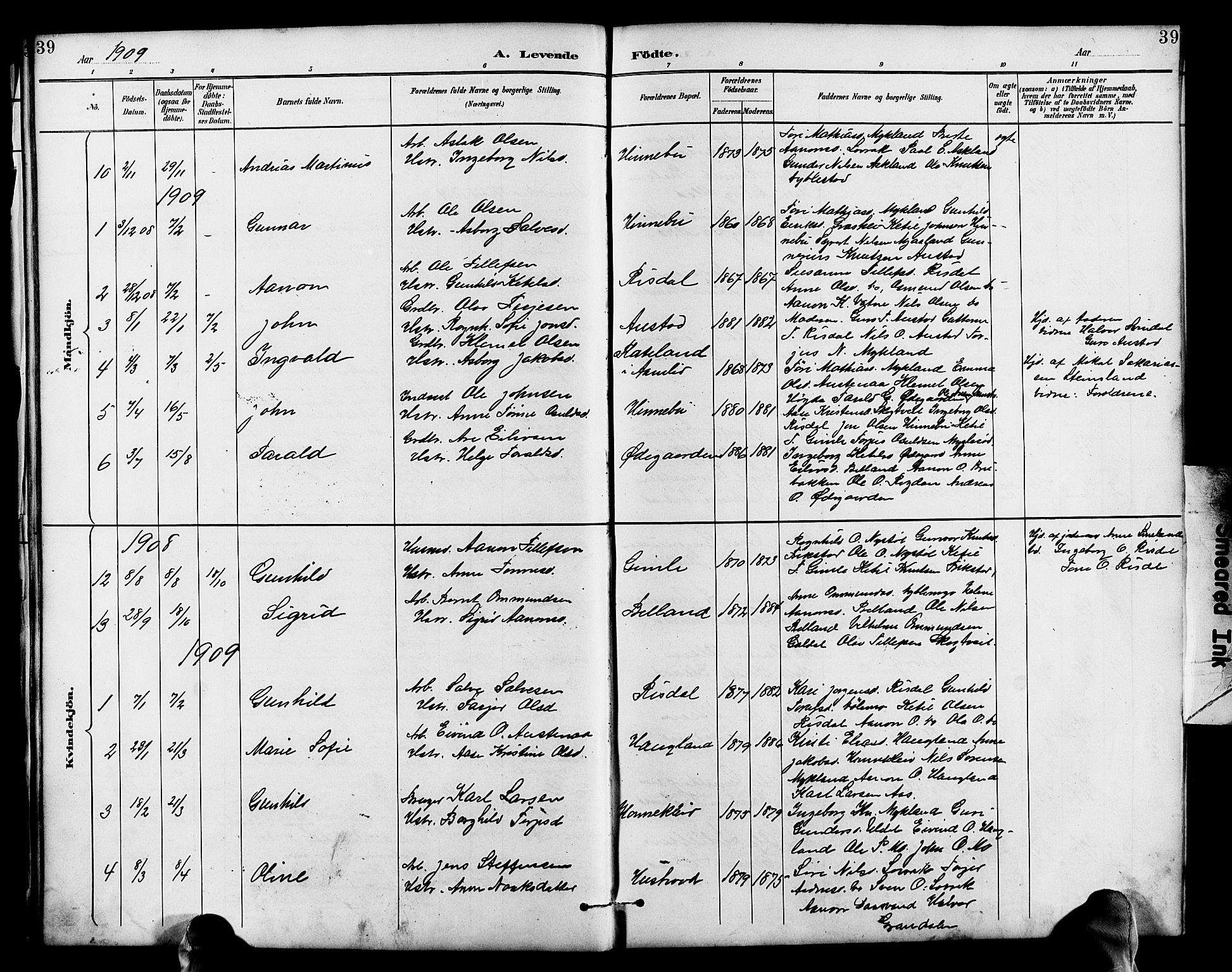 Herefoss sokneprestkontor, AV/SAK-1111-0019/F/Fb/Fbc/L0003: Parish register (copy) no. B 3, 1887-1915, p. 39