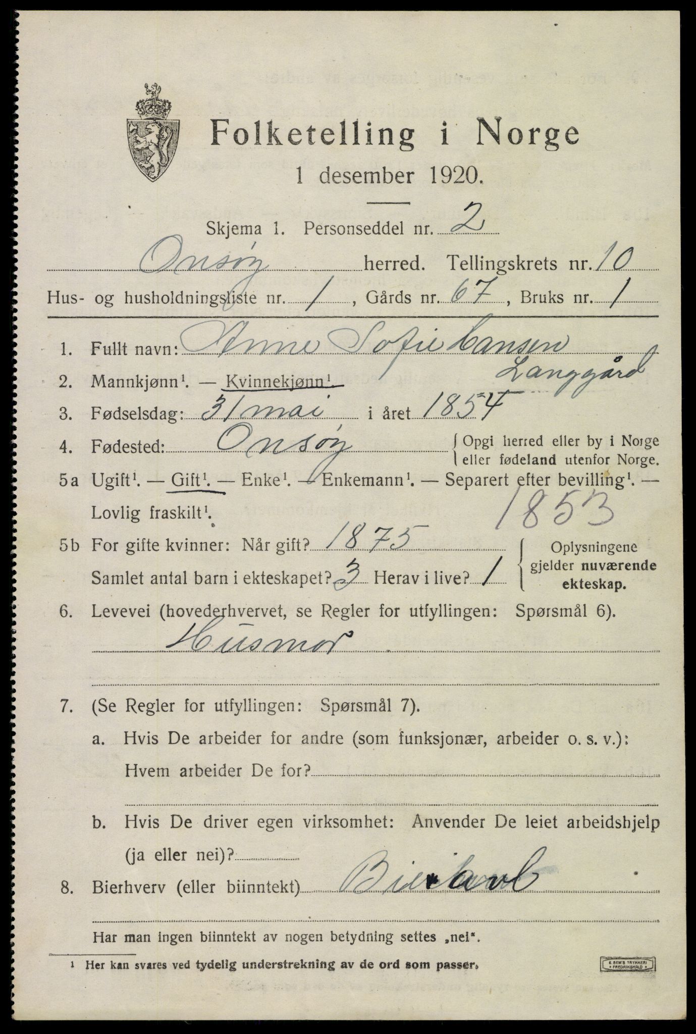 SAO, 1920 census for Onsøy, 1920, p. 13532