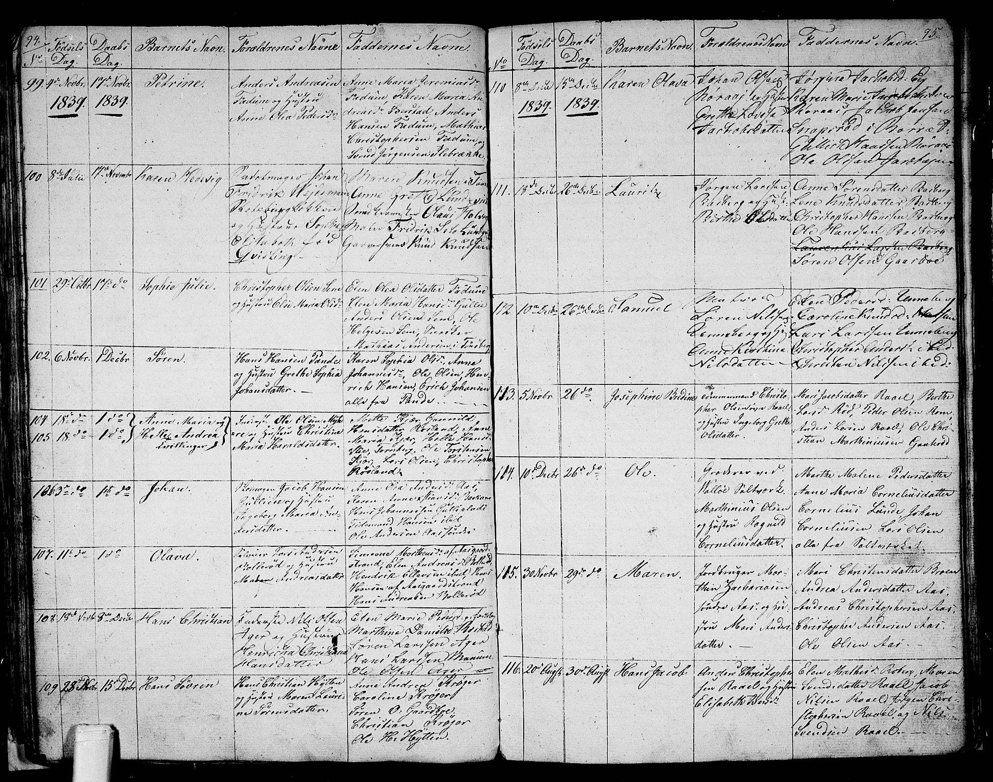 Sem kirkebøker, AV/SAKO-A-5/G/Ga/L0002: Parish register (copy) no. I 2, 1826-1844, p. 94-95