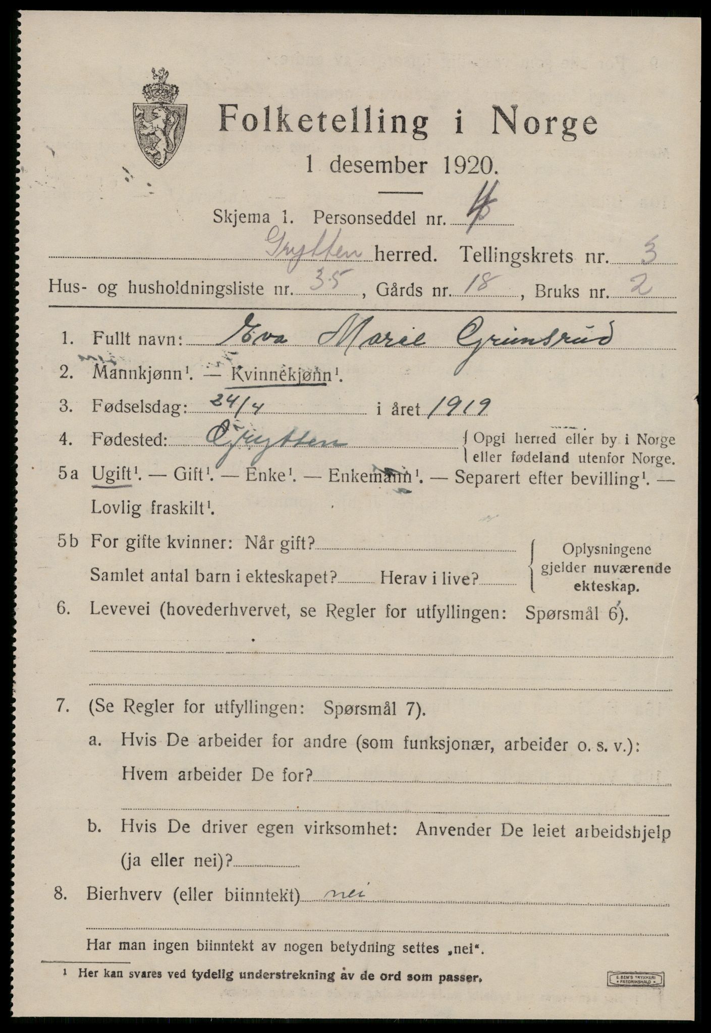 SAT, 1920 census for Grytten, 1920, p. 2618