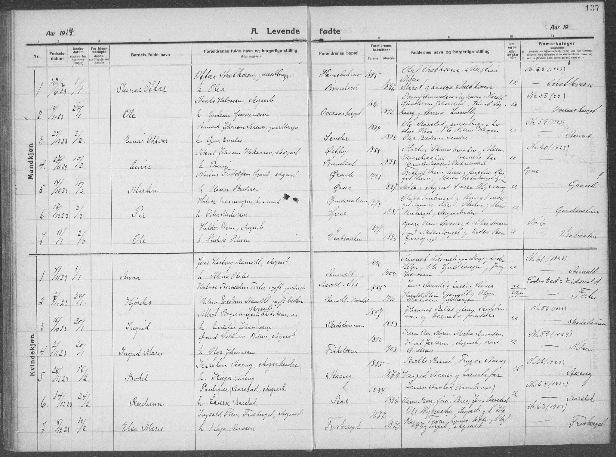 Brandval prestekontor, AV/SAH-PREST-034/H/Ha/Haa/L0004: Parish register (official) no. 4, 1910-1924, p. 137