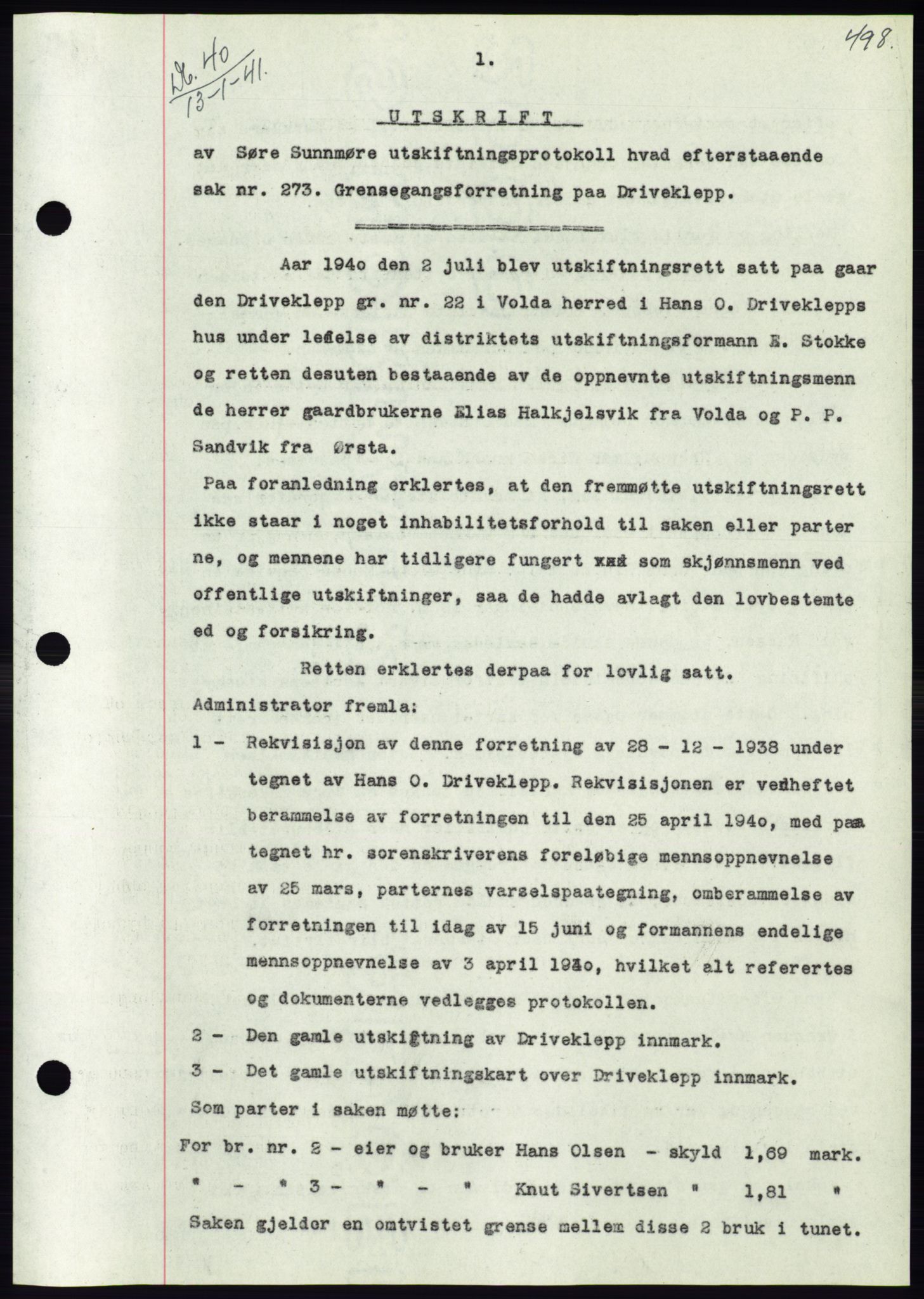 Søre Sunnmøre sorenskriveri, AV/SAT-A-4122/1/2/2C/L0070: Mortgage book no. 64, 1940-1941, Diary no: : 40/1941