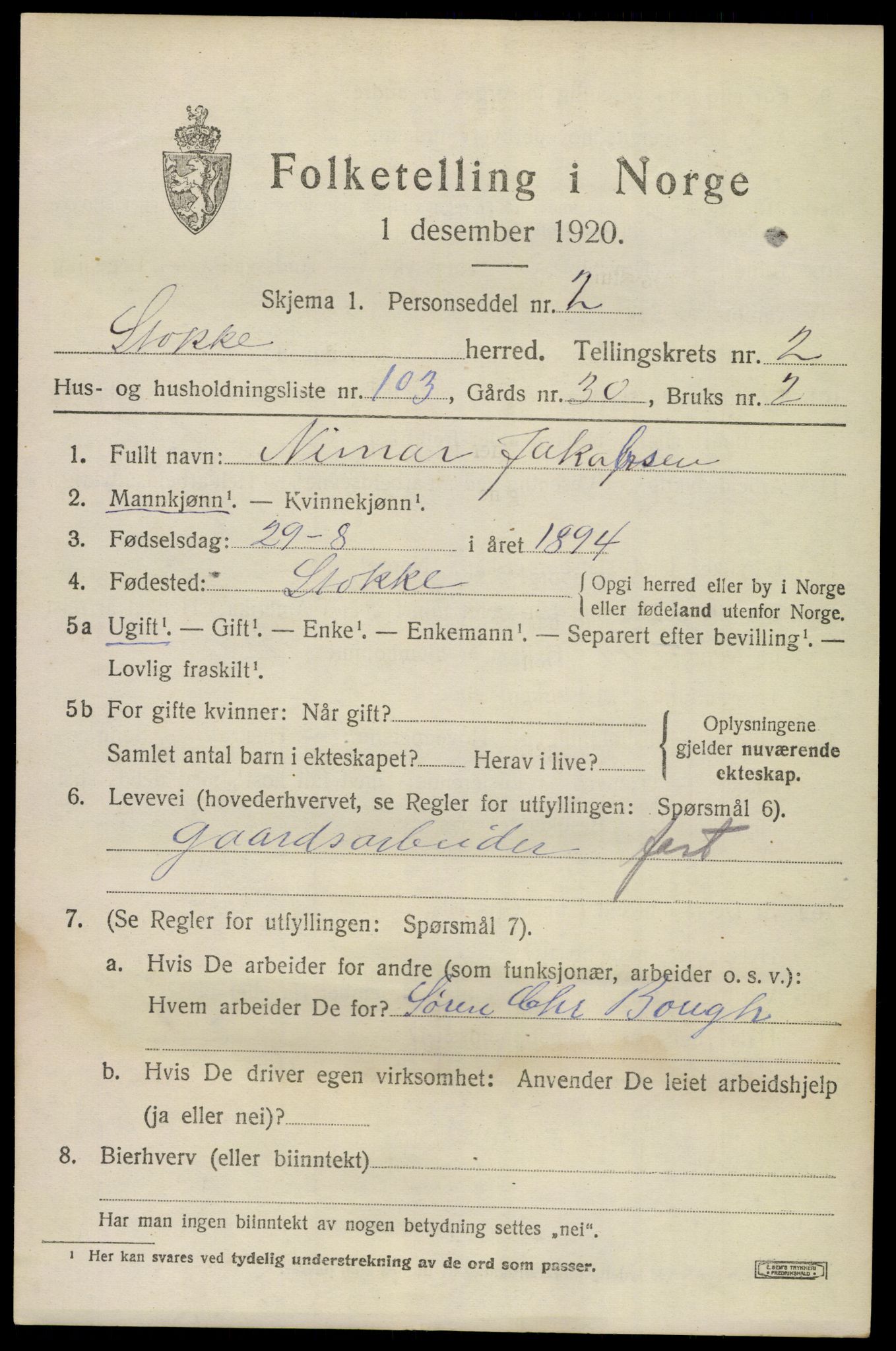 SAKO, 1920 census for Stokke, 1920, p. 4070