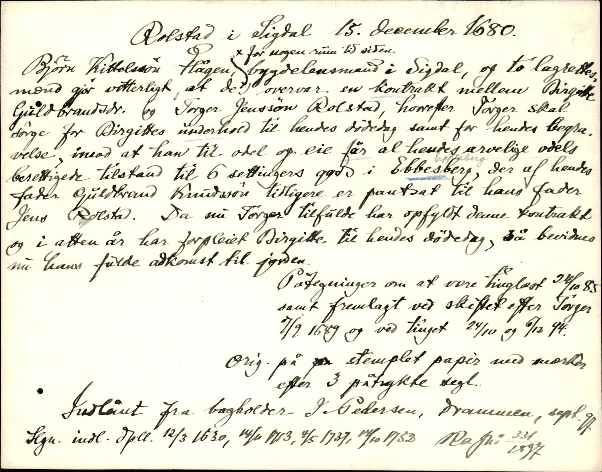 Riksarkivets diplomsamling, AV/RA-EA-5965/F35/F35d/L0005: Innlånte diplomer, seddelregister, 1661-1690, p. 408