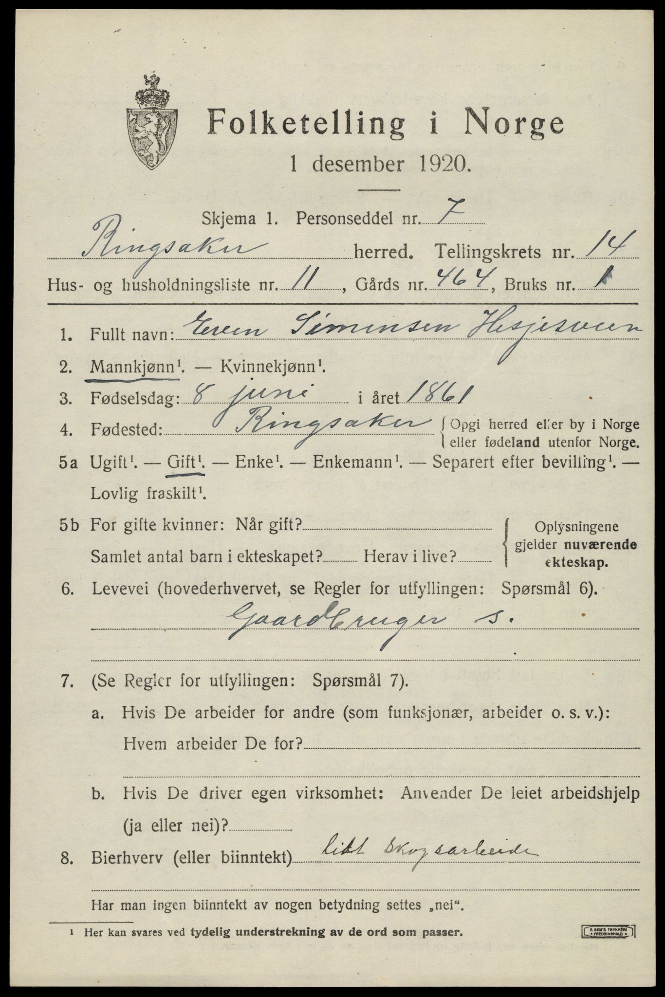 SAH, 1920 census for Ringsaker, 1920, p. 21692