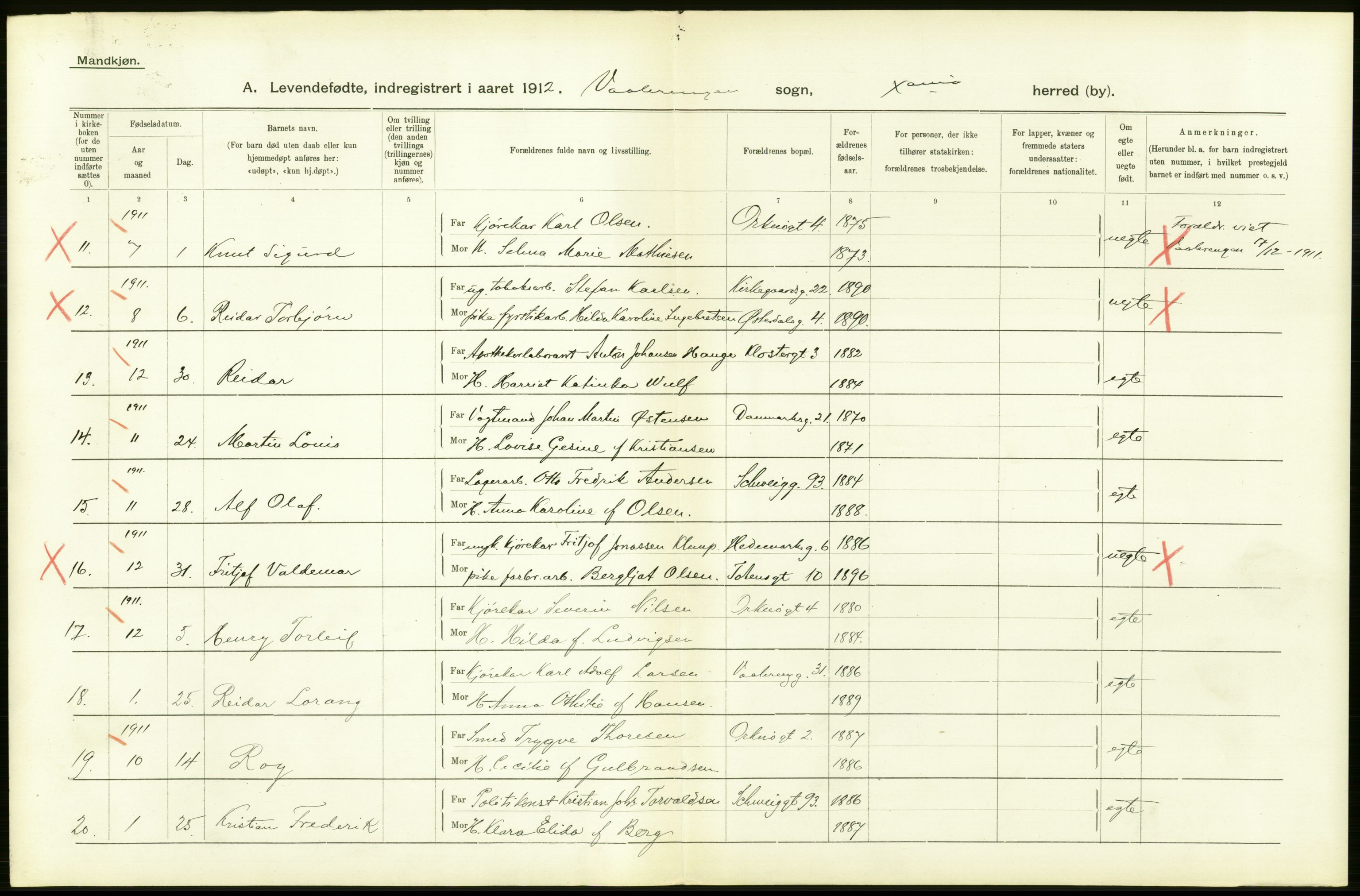 Statistisk sentralbyrå, Sosiodemografiske emner, Befolkning, AV/RA-S-2228/D/Df/Dfb/Dfbb/L0006: Kristiania:  Levendefødte menn og kvinner., 1912, p. 98