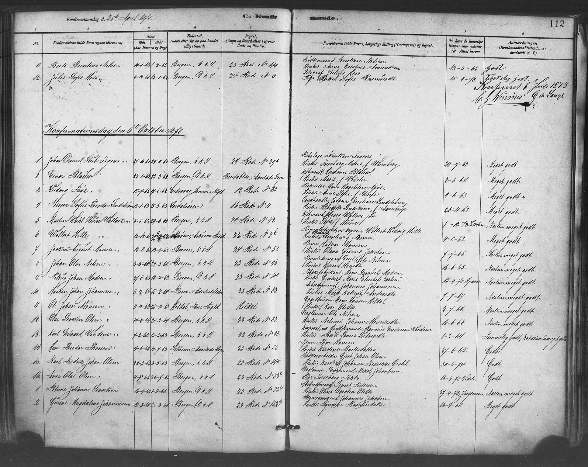 Mariakirken Sokneprestembete, AV/SAB-A-76901/H/Haa/L0007: Parish register (official) no. A 7, 1878-1893, p. 112