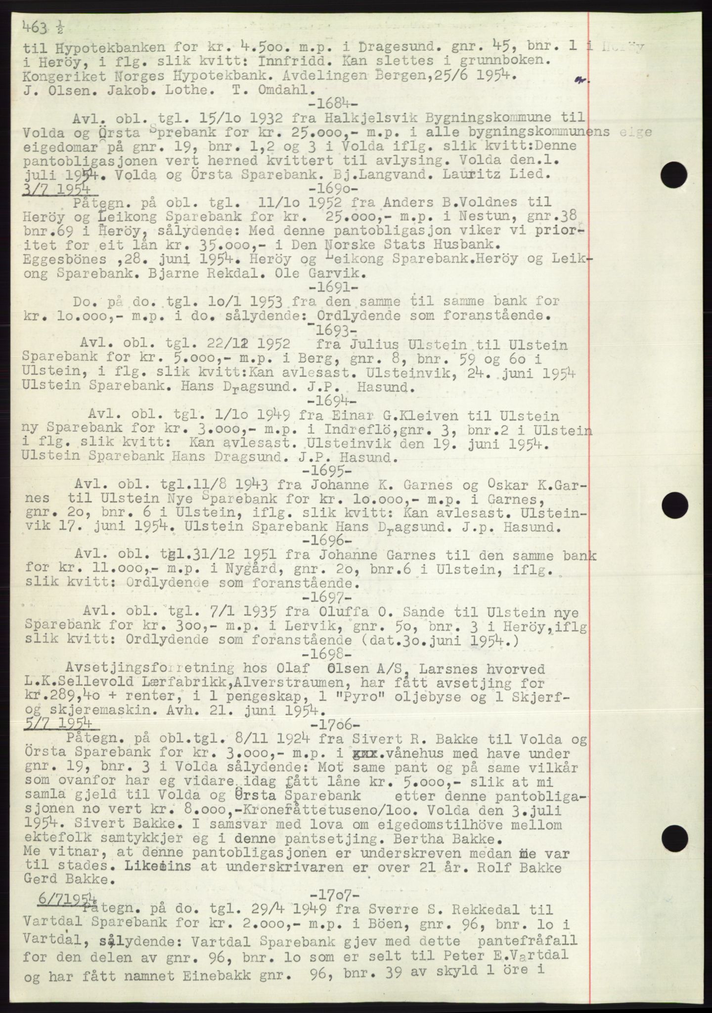 Søre Sunnmøre sorenskriveri, AV/SAT-A-4122/1/2/2C/L0072: Mortgage book no. 66, 1941-1955, Diary no: : 1684/1954