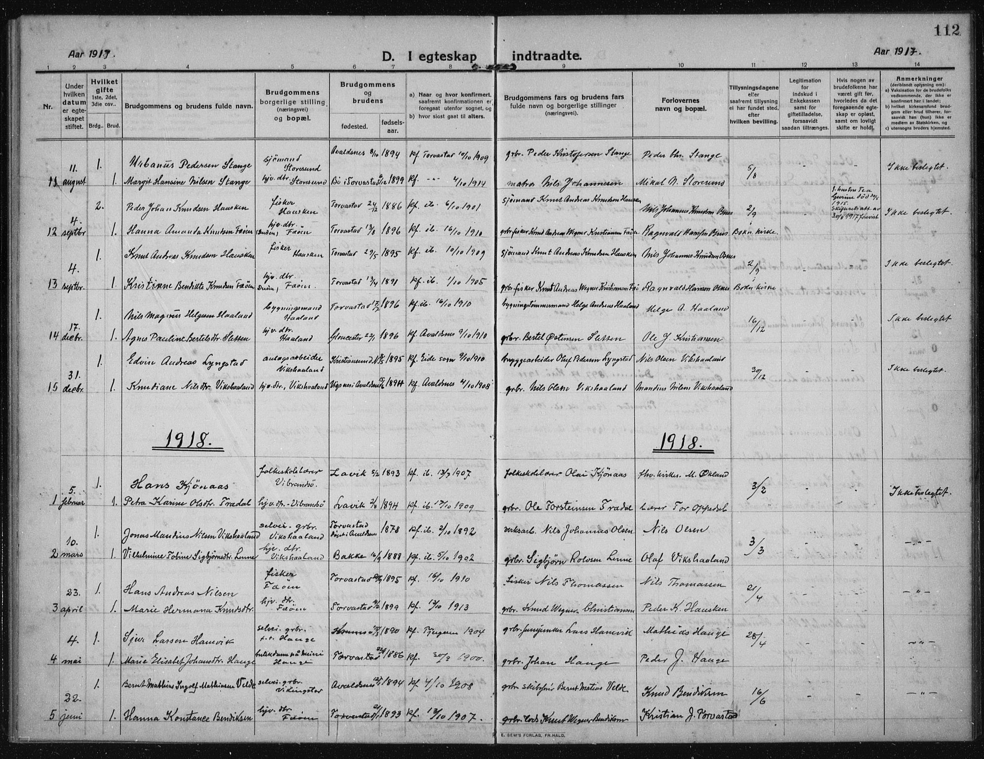 Torvastad sokneprestkontor, AV/SAST-A -101857/H/Ha/Haa/L0019: Parish register (official) no. A 18, 1912-1920, p. 112