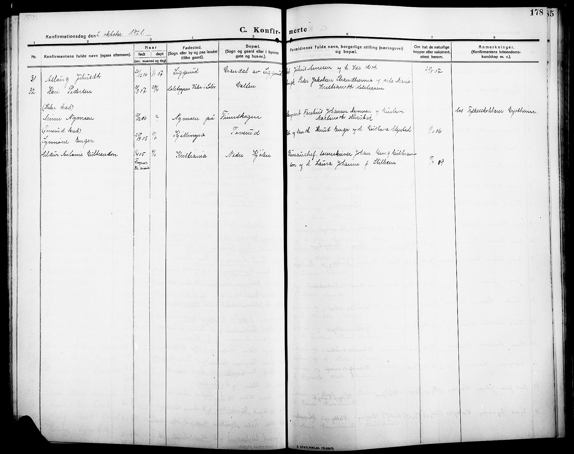 Åsnes prestekontor, SAH/PREST-042/H/Ha/Hab/L0007: Parish register (copy) no. 7, 1909-1926, p. 178