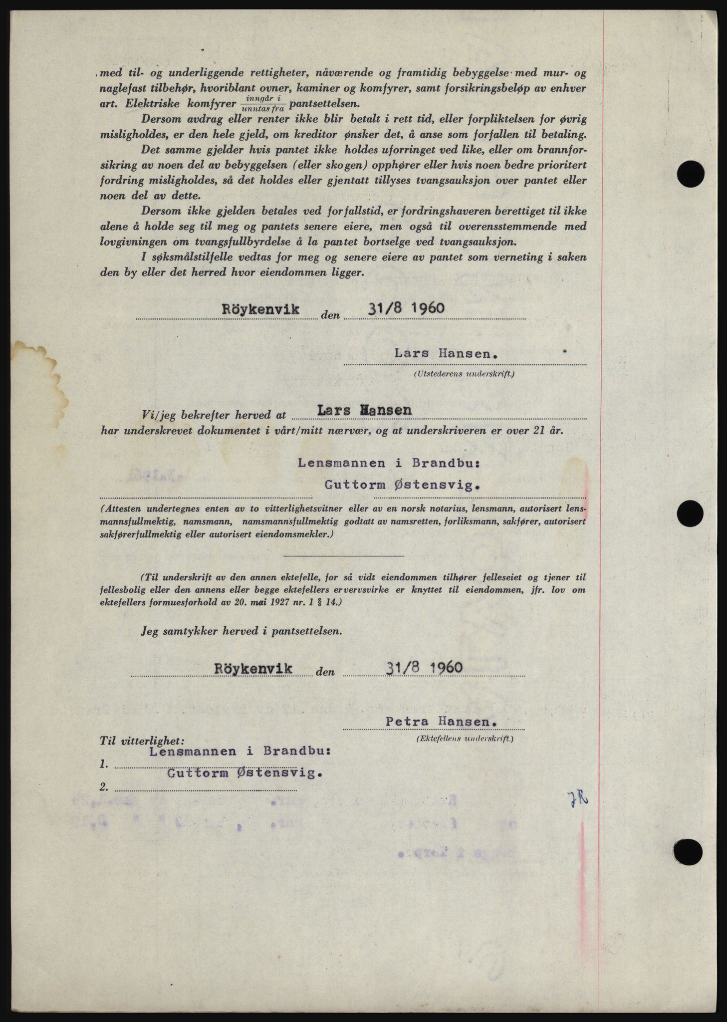 Hadeland og Land tingrett, SAH/TING-010/H/Hb/Hbc/L0043: Mortgage book no. B43, 1960-1960, Diary no: : 3453/1960