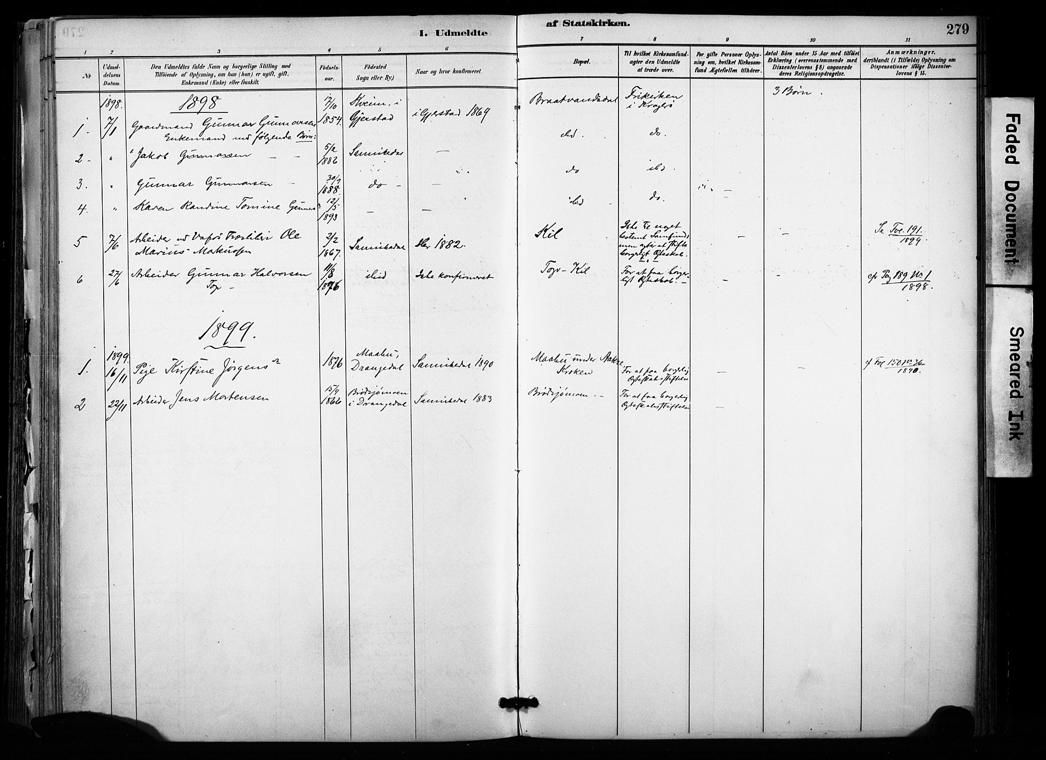 Sannidal kirkebøker, AV/SAKO-A-296/F/Fa/L0015: Parish register (official) no. 15, 1884-1899, p. 279