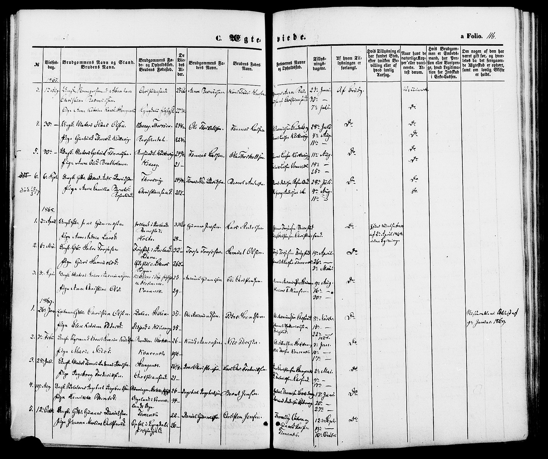 Oddernes sokneprestkontor, SAK/1111-0033/F/Fa/Fab/L0001: Parish register (official) no. A 1, 1865-1884, p. 116