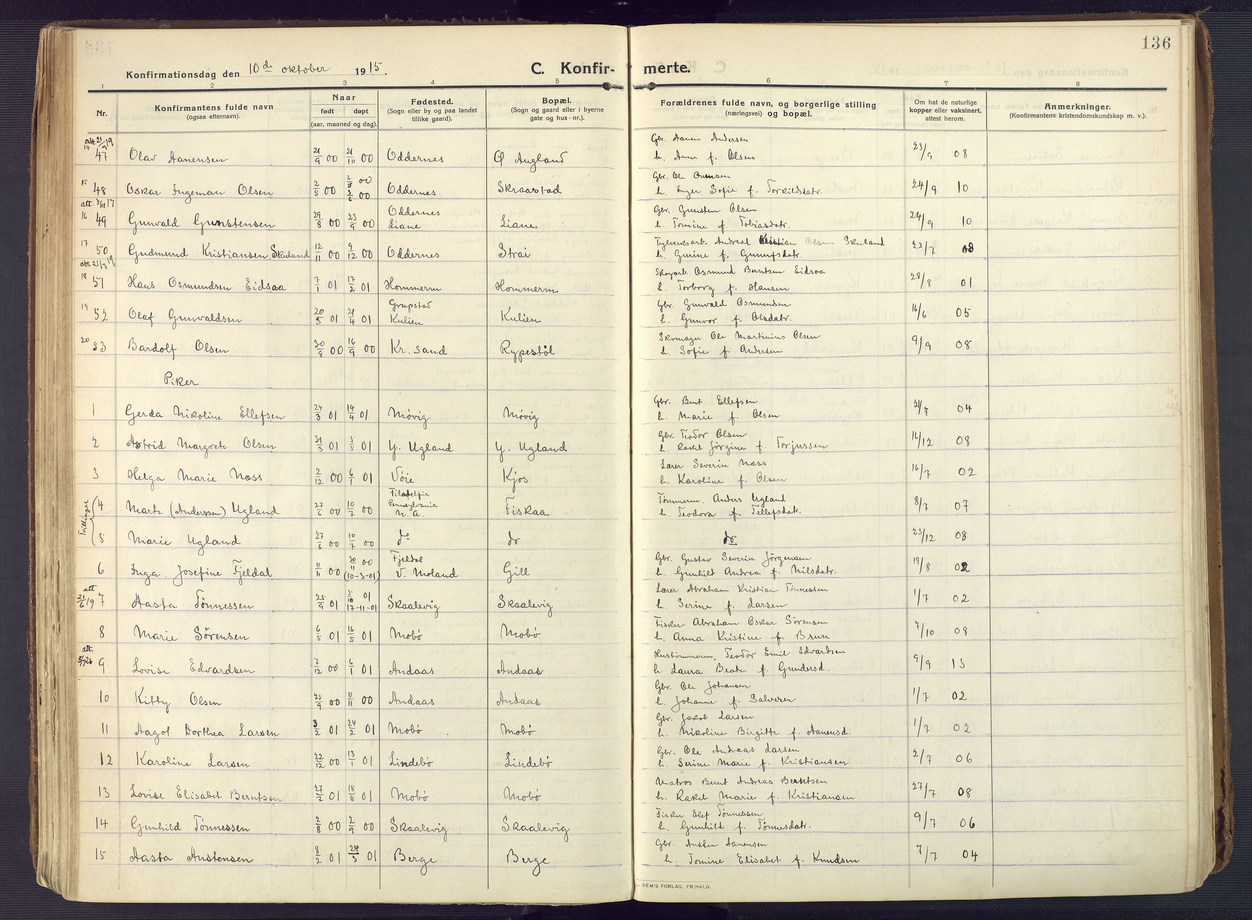 Oddernes sokneprestkontor, AV/SAK-1111-0033/F/Fa/Faa/L0012: Parish register (official) no. A 12, 1912-1925, p. 136