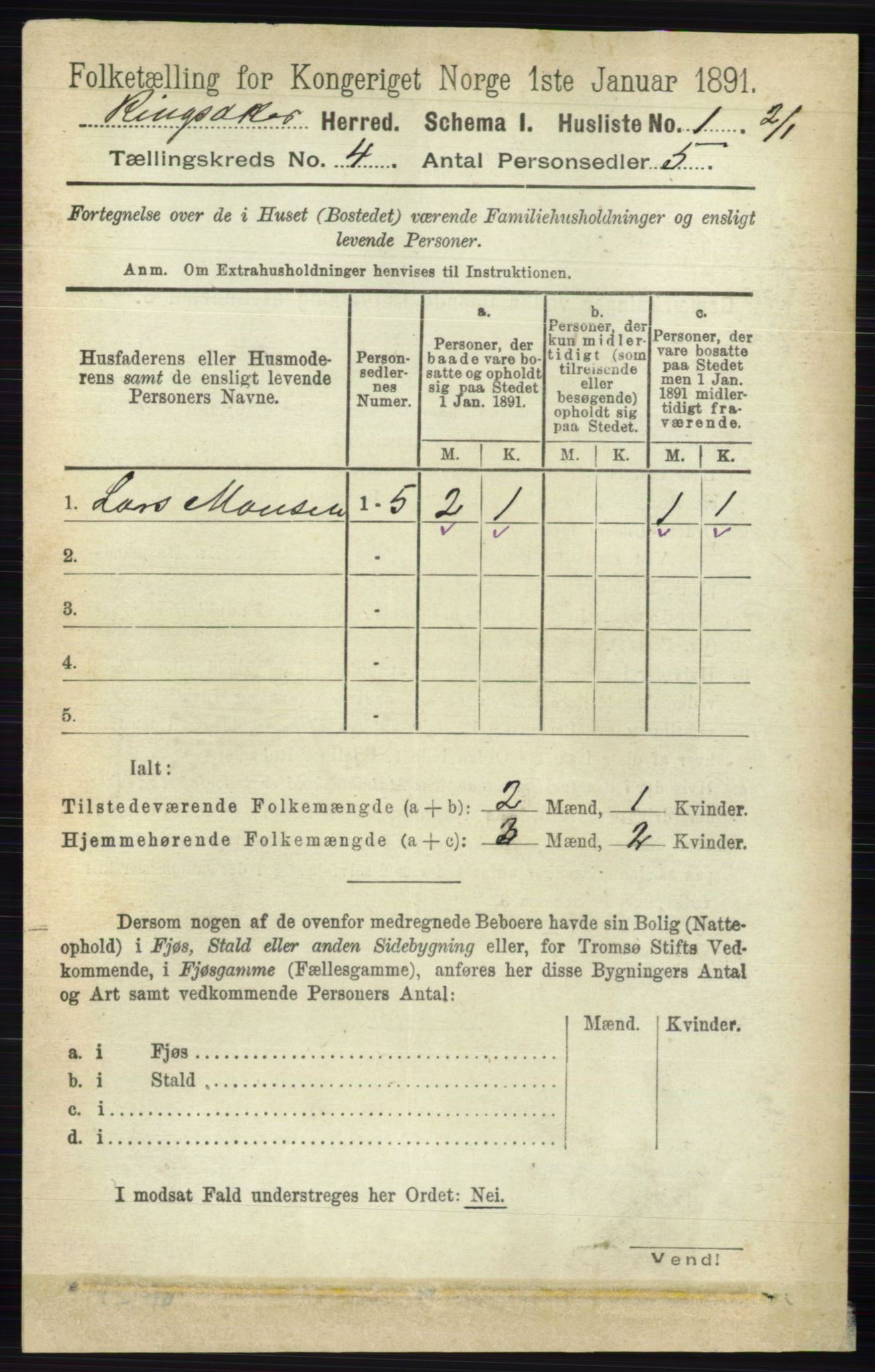 RA, 1891 census for 0412 Ringsaker, 1891, p. 1682