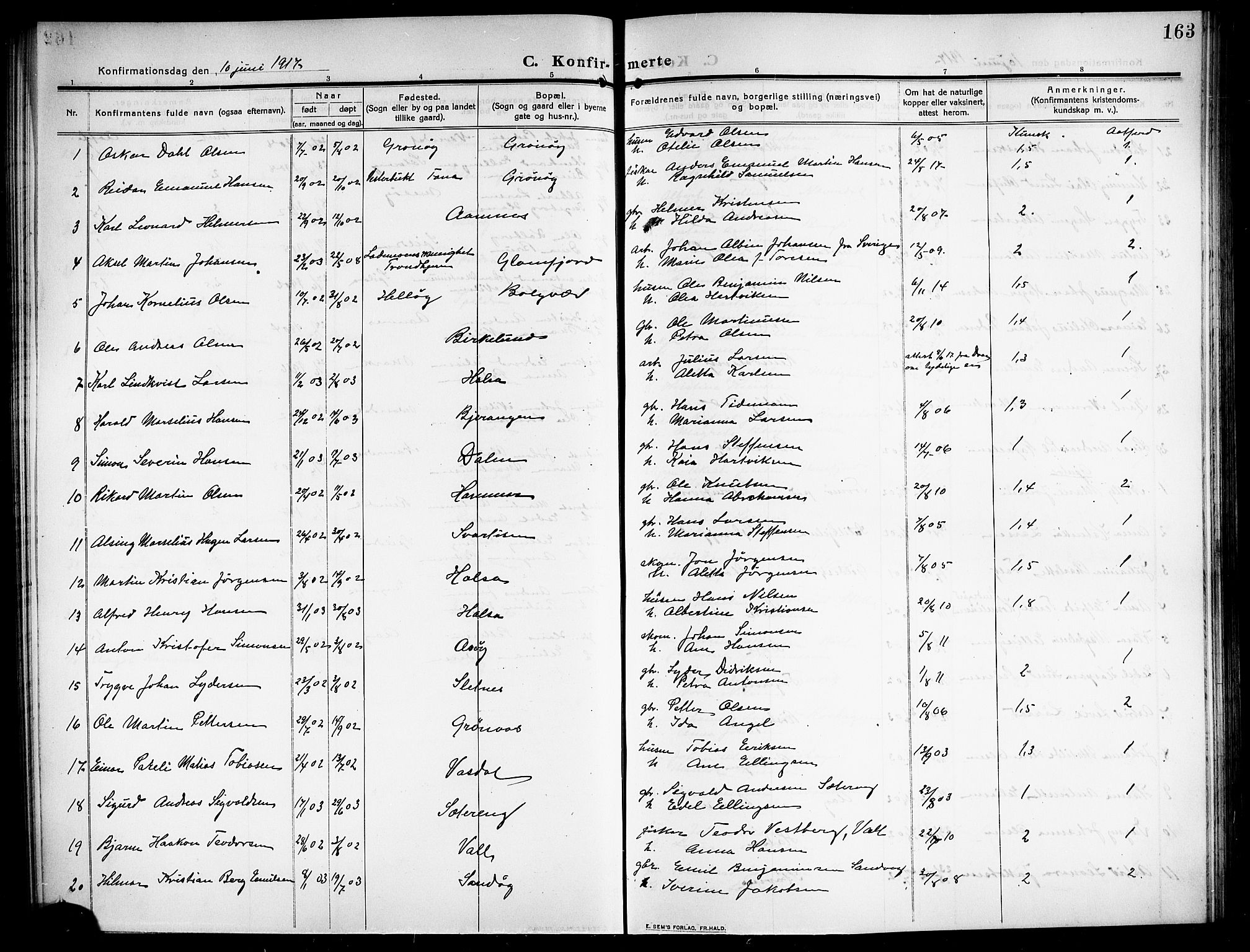 Ministerialprotokoller, klokkerbøker og fødselsregistre - Nordland, SAT/A-1459/843/L0639: Parish register (copy) no. 843C08, 1908-1924, p. 163