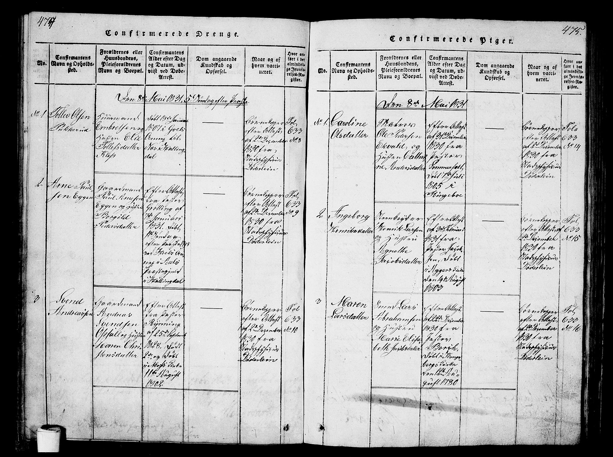 Kristiania tukthusprest Kirkebøker, AV/SAO-A-10881/G/Ga/L0001: Parish register (copy) no. 1, 1818-1857, p. 474-475