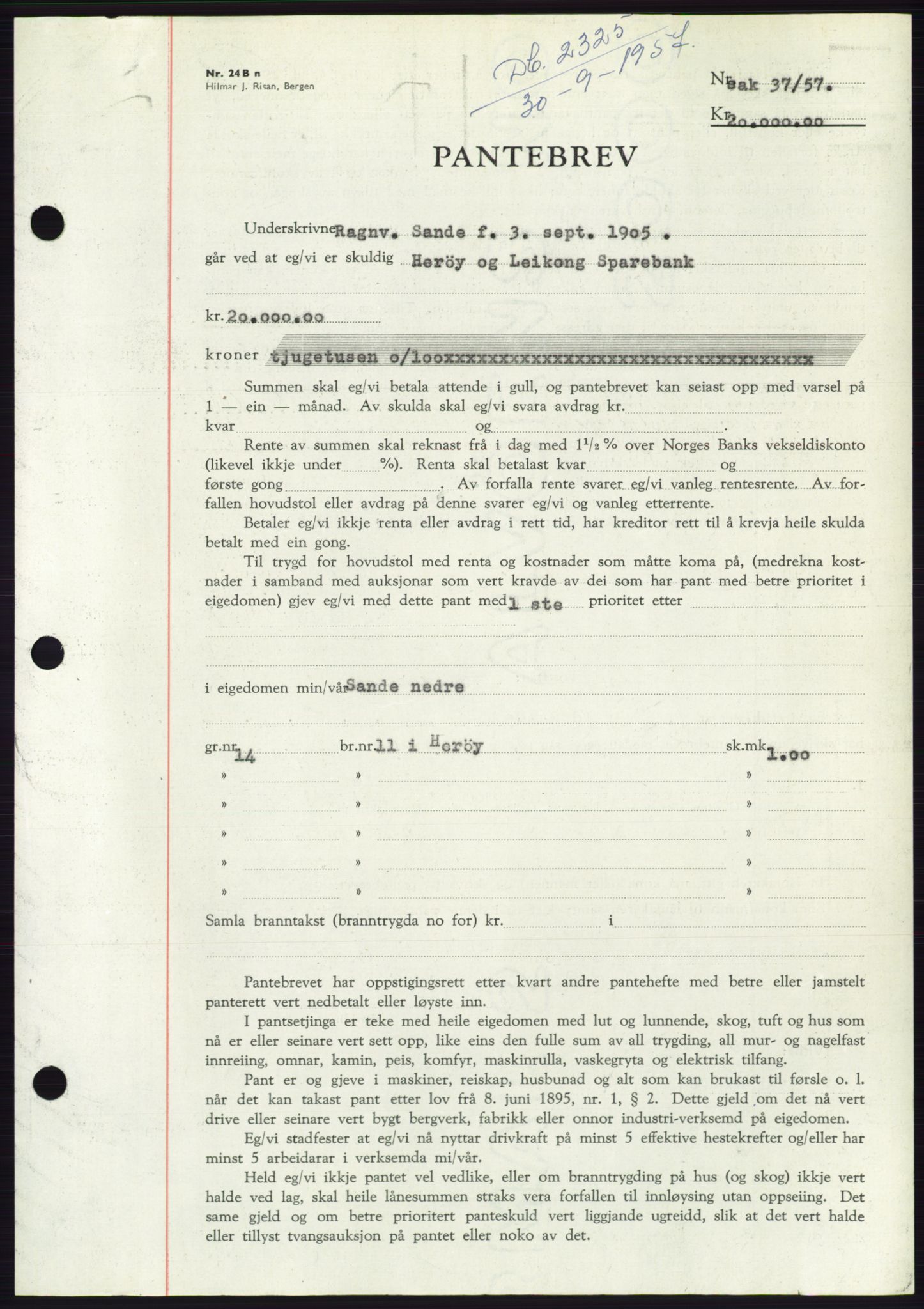 Søre Sunnmøre sorenskriveri, AV/SAT-A-4122/1/2/2C/L0130: Mortgage book no. 18B, 1957-1958, Diary no: : 2325/1957