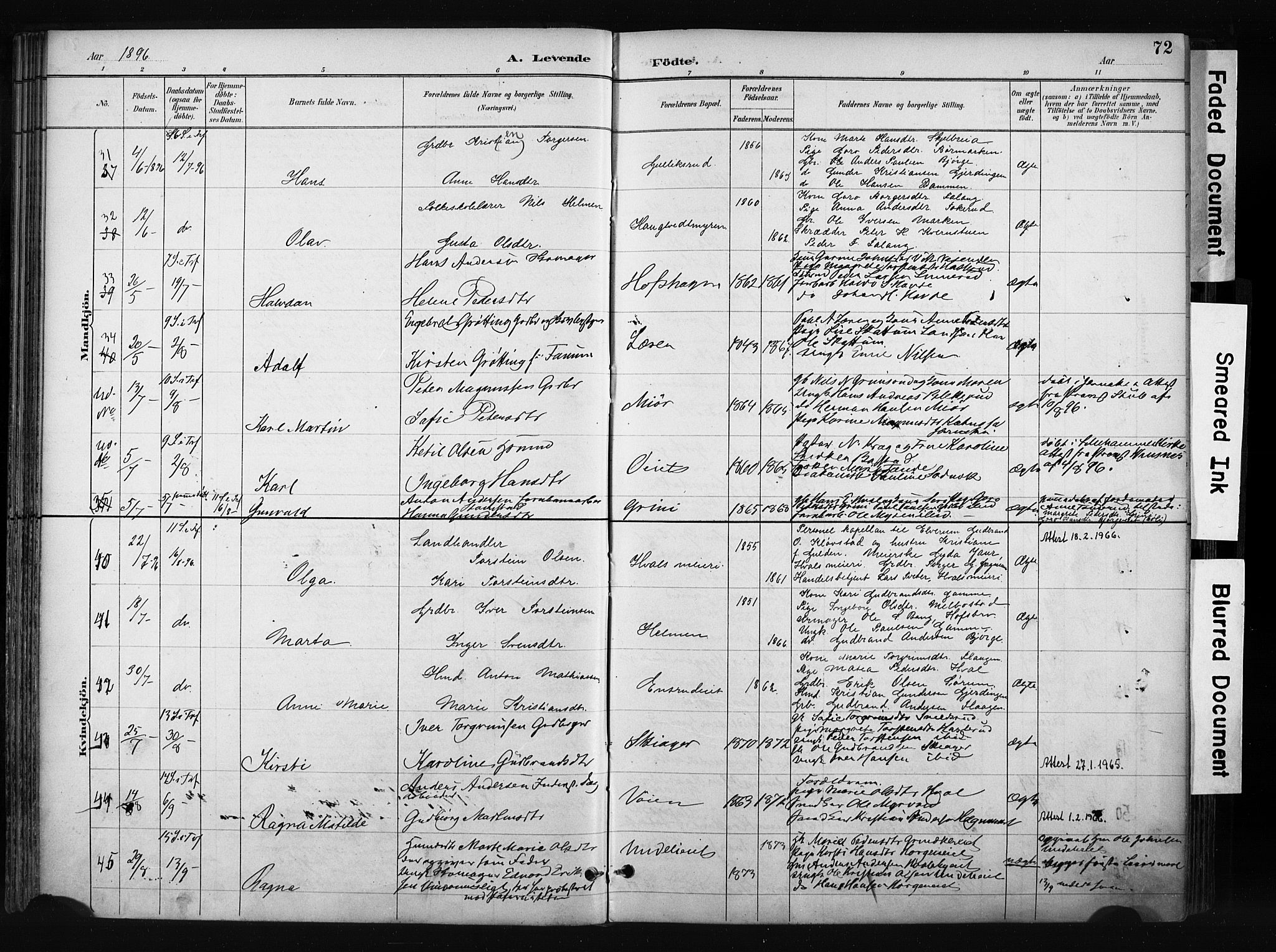 Gran prestekontor, SAH/PREST-112/H/Ha/Haa/L0017: Parish register (official) no. 17, 1889-1897, p. 72