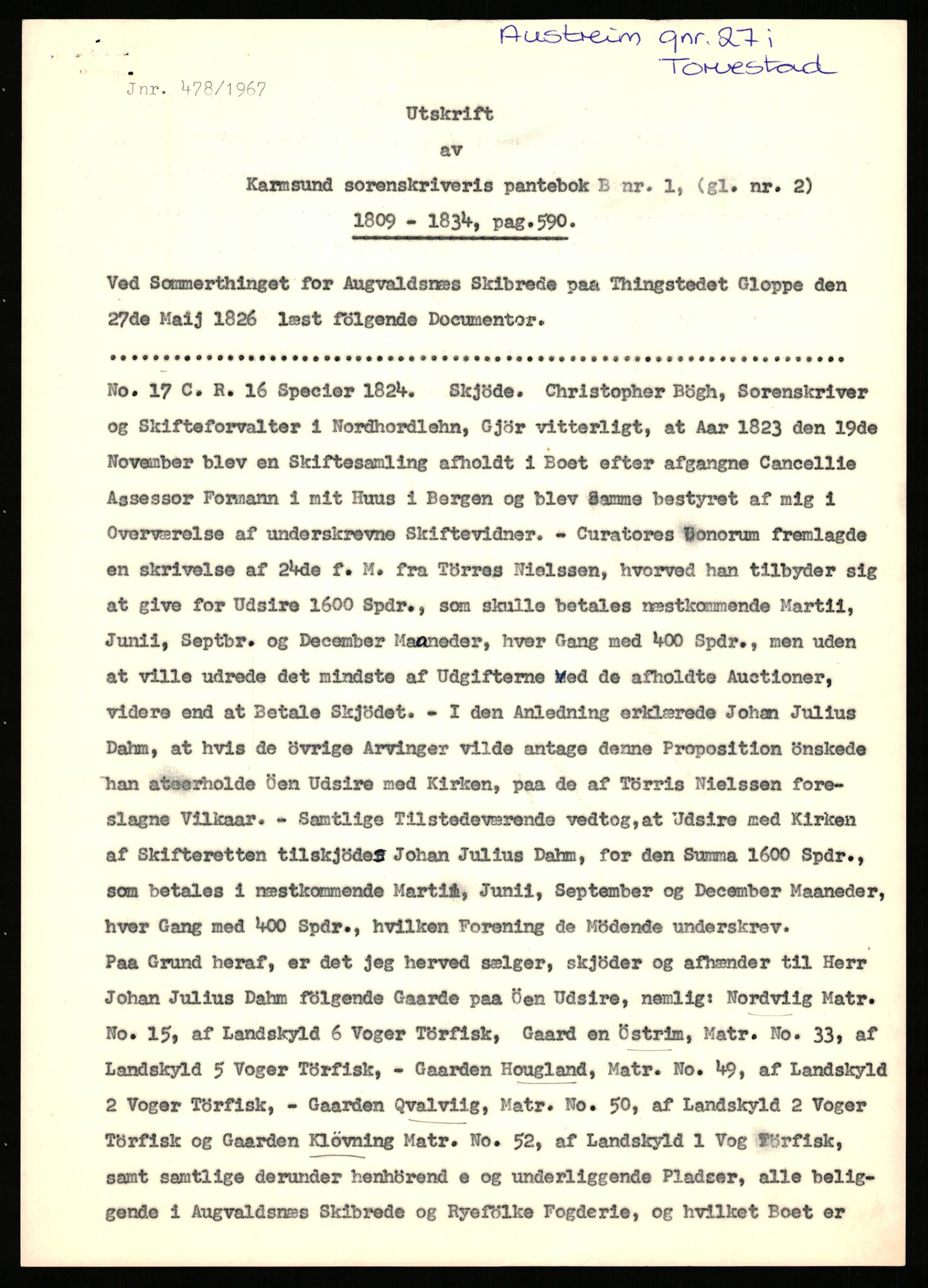 Statsarkivet i Stavanger, AV/SAST-A-101971/03/Y/Yj/L0005: Avskrifter sortert etter gårdsnavn: Austreim - Avinskei, 1750-1930, p. 245