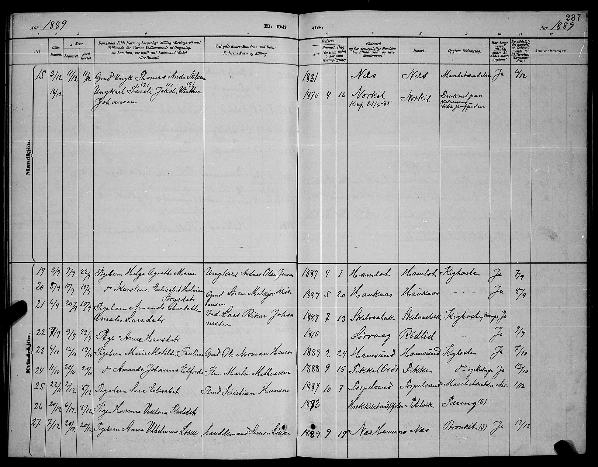 Ministerialprotokoller, klokkerbøker og fødselsregistre - Nordland, SAT/A-1459/859/L0859: Parish register (copy) no. 859C05, 1887-1898, p. 237