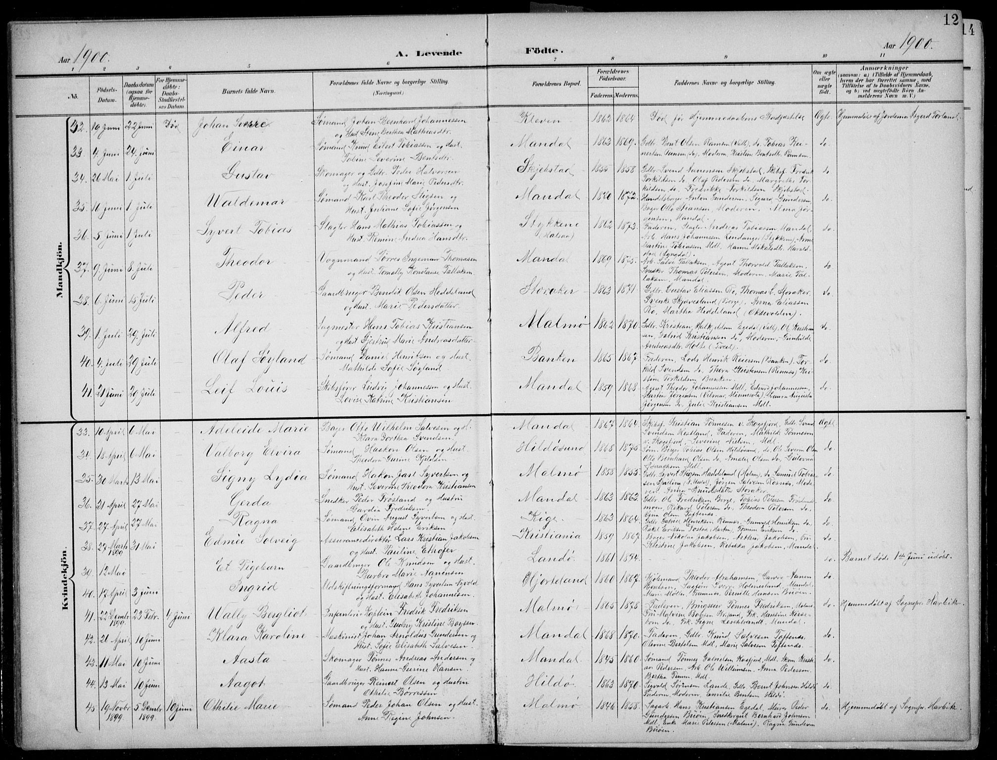 Mandal sokneprestkontor, AV/SAK-1111-0030/F/Fb/Fba/L0012: Parish register (copy) no. B 6, 1899-1918, p. 12