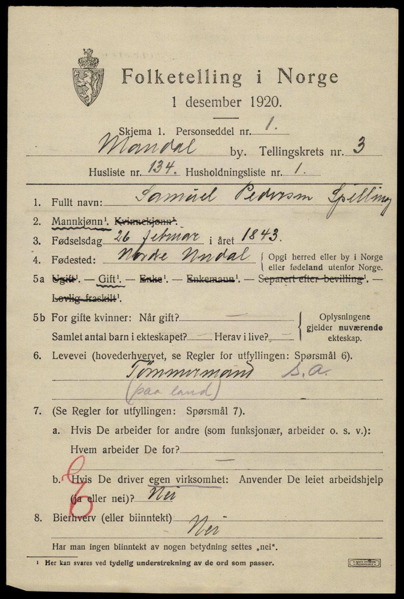 SAK, 1920 census for Mandal, 1920, p. 7001