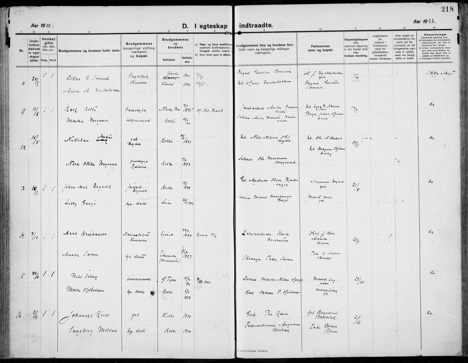Kolbu prestekontor, SAH/PREST-110/H/Ha/Haa/L0002: Parish register (official) no. 2, 1912-1926, p. 218