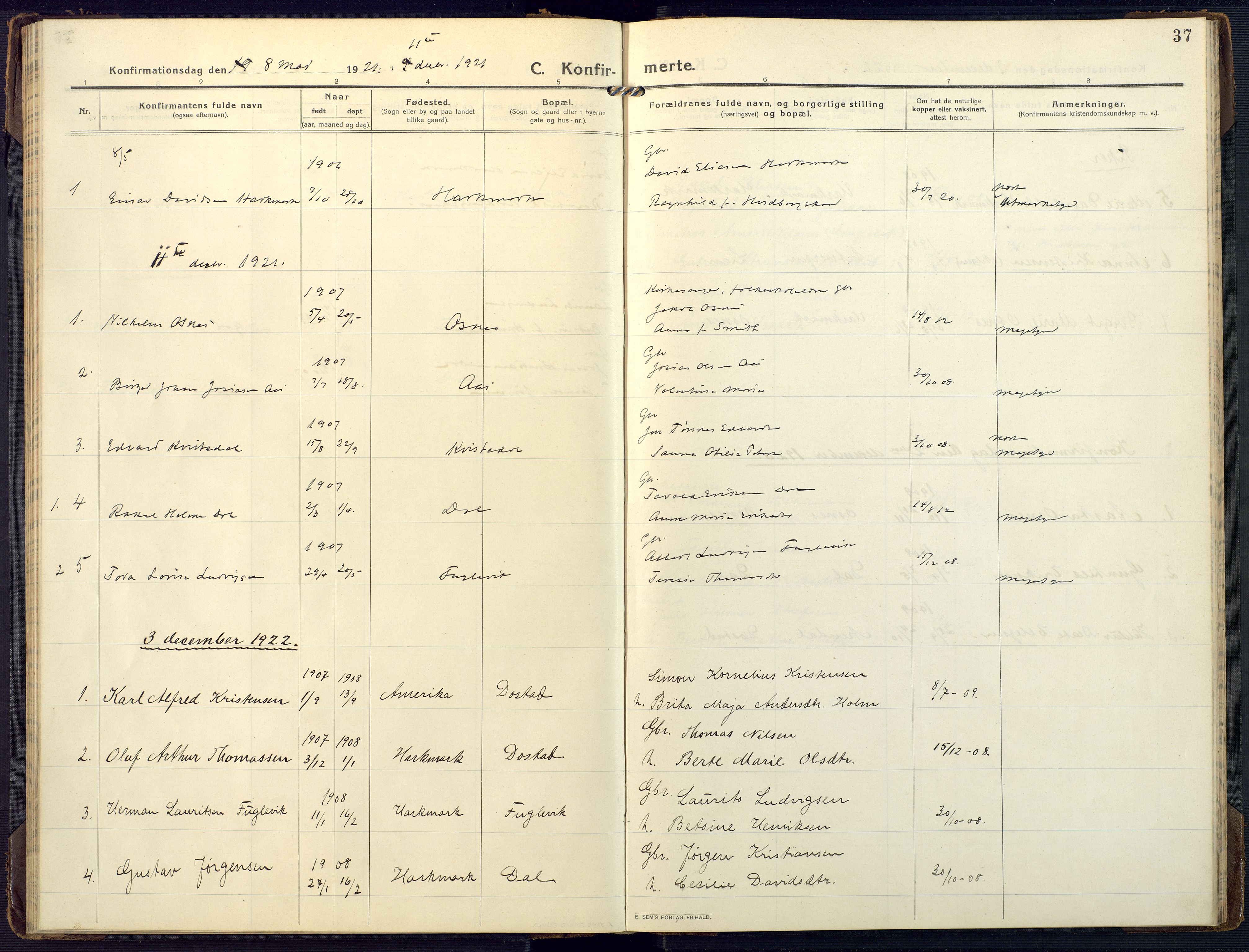Mandal sokneprestkontor, SAK/1111-0030/F/Fa/Fab/L0003: Parish register (official) no. A 3, 1913-1933, p. 37
