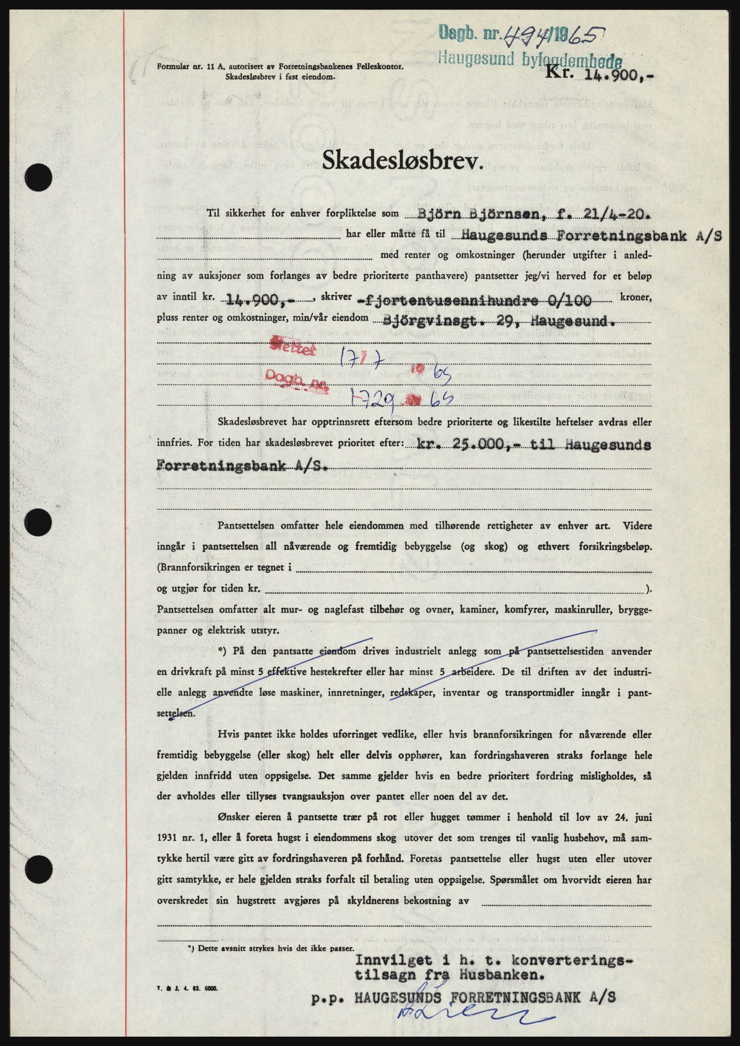 Haugesund tingrett, SAST/A-101415/01/II/IIC/L0053: Mortgage book no. B 53, 1965-1965, Diary no: : 494/1965