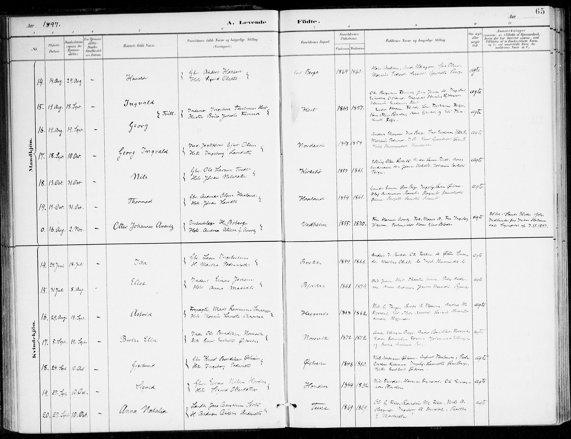 Lavik sokneprestembete, SAB/A-80901: Parish register (official) no. C 1, 1882-1904, p. 65