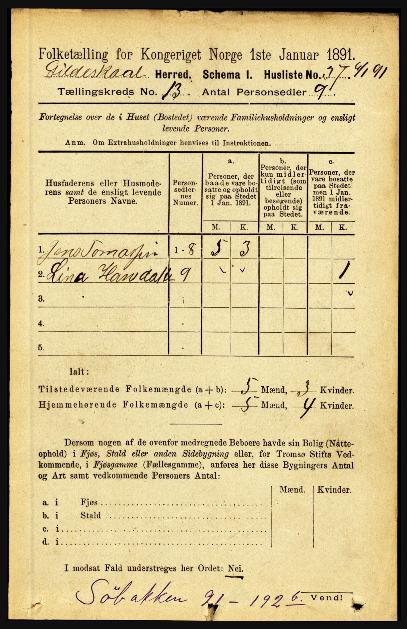 RA, 1891 census for 1838 Gildeskål, 1891, p. 4083