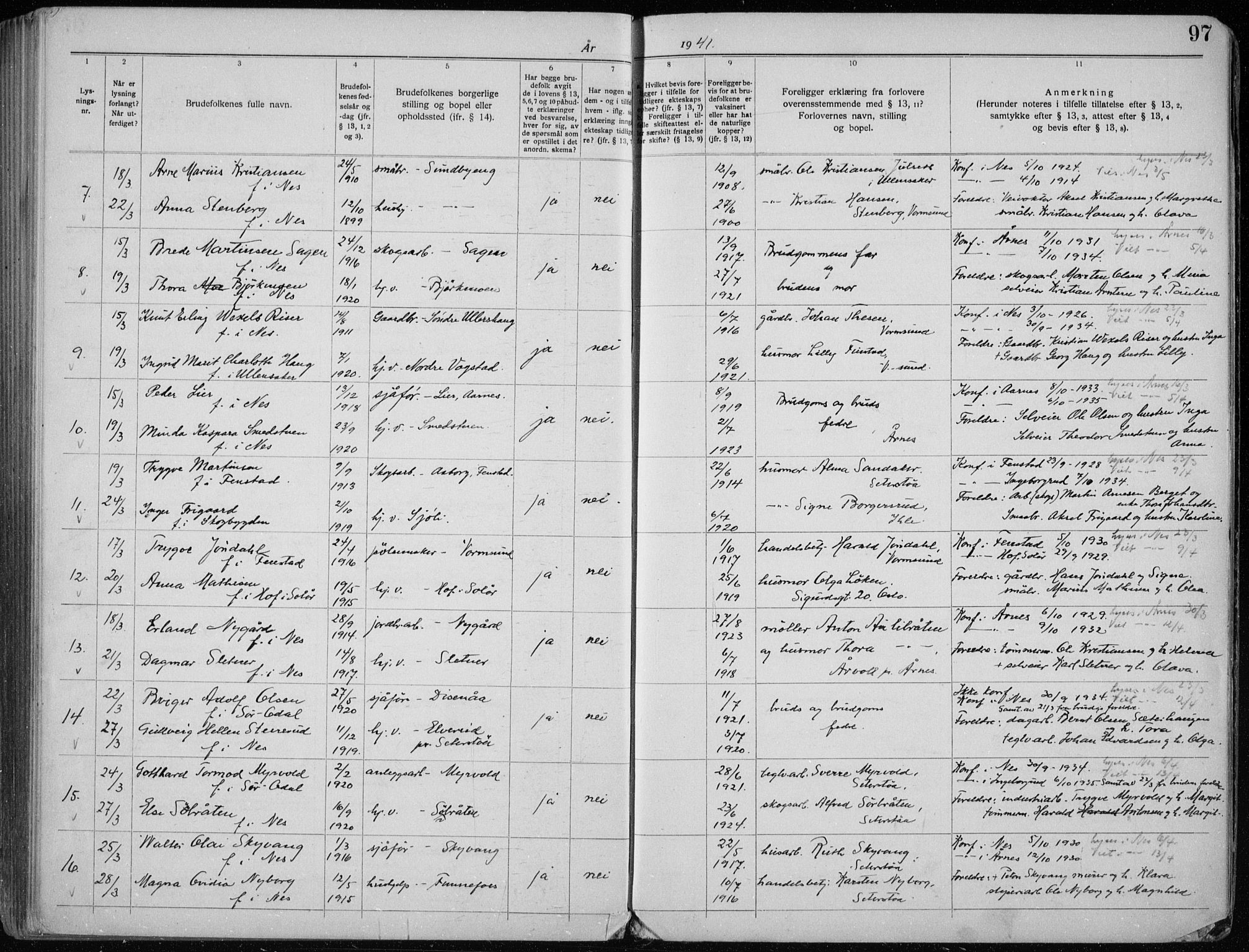 Nes prestekontor Kirkebøker, SAO/A-10410/H/L0001: Banns register no. 1, 1920-1941, p. 97