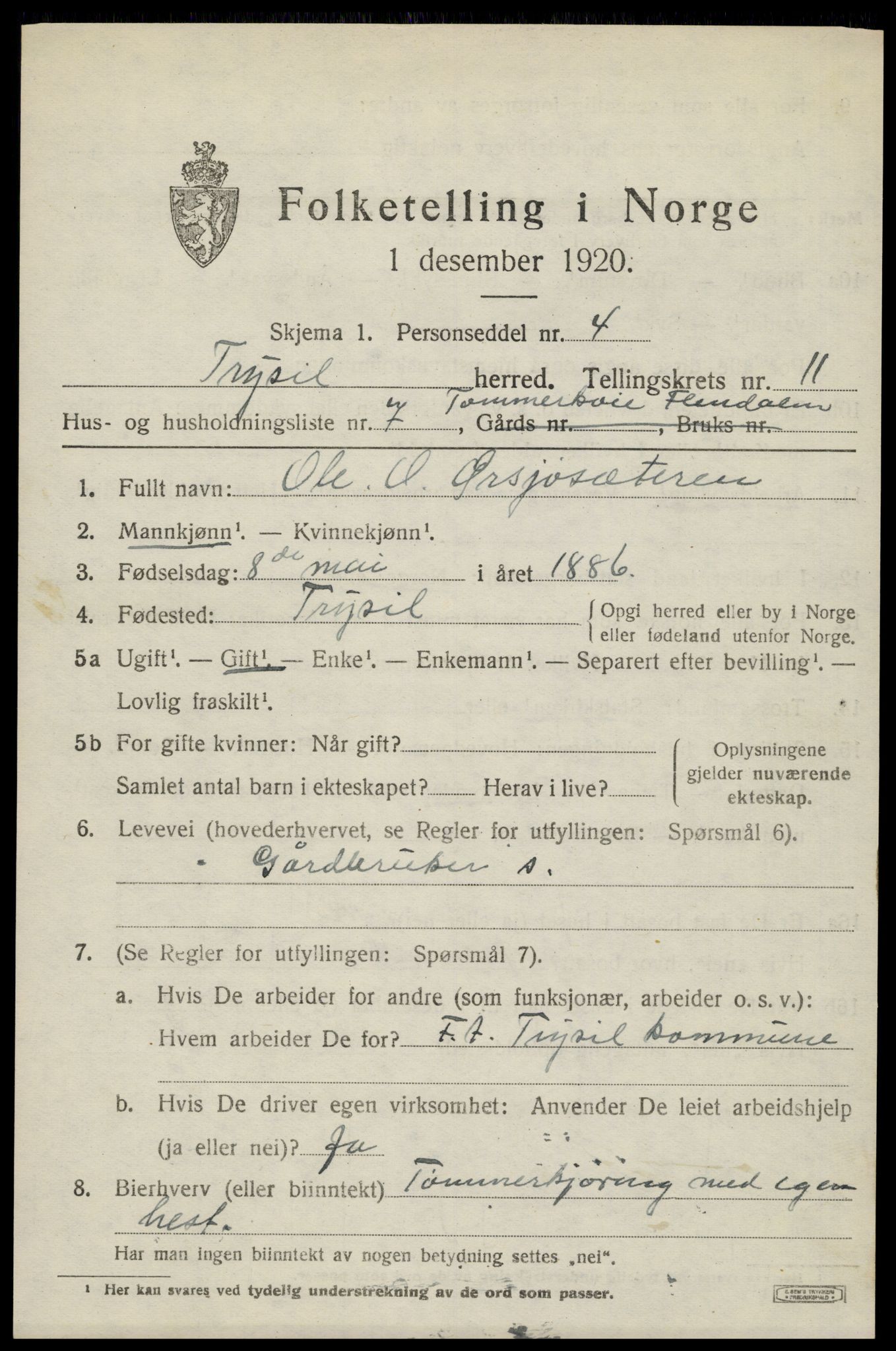 SAH, 1920 census for Trysil, 1920, p. 7041