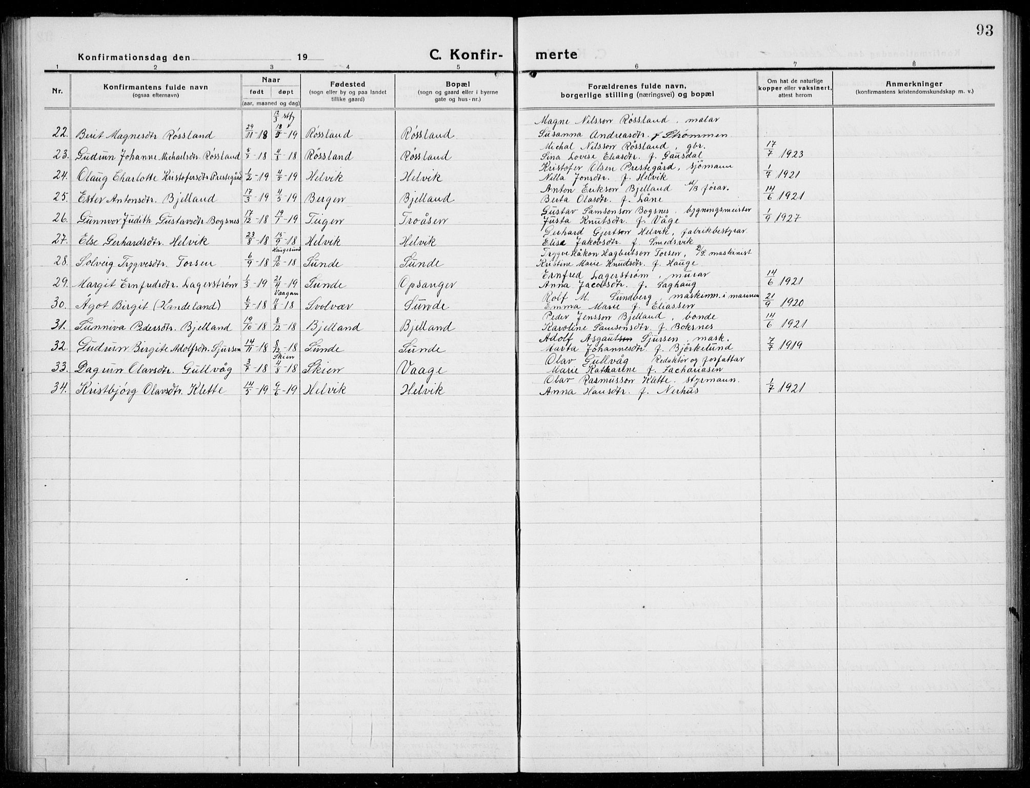 Husnes Sokneprestembete, SAB/A-75901/H/Hab: Parish register (copy) no. A  3, 1915-1936, p. 93