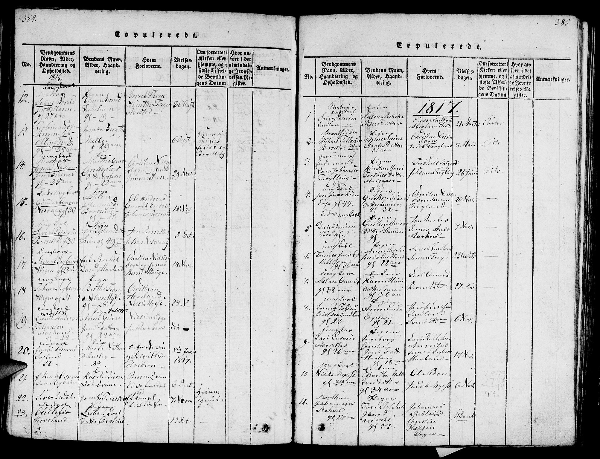 Sokndal sokneprestkontor, SAST/A-101808: Parish register (official) no. A 6, 1815-1826, p. 384-385