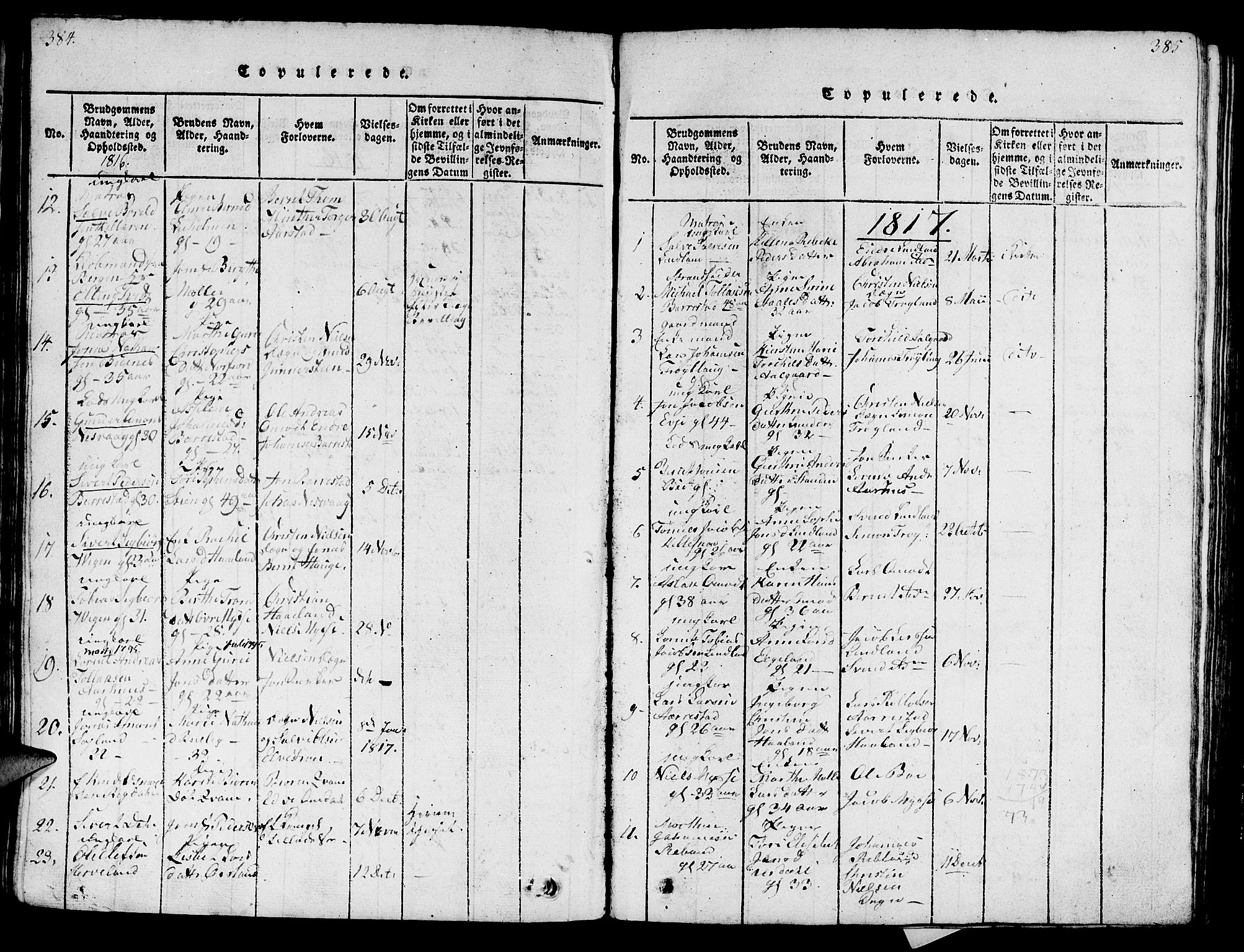 Sokndal sokneprestkontor, AV/SAST-A-101808: Parish register (official) no. A 6, 1815-1826, p. 384-385