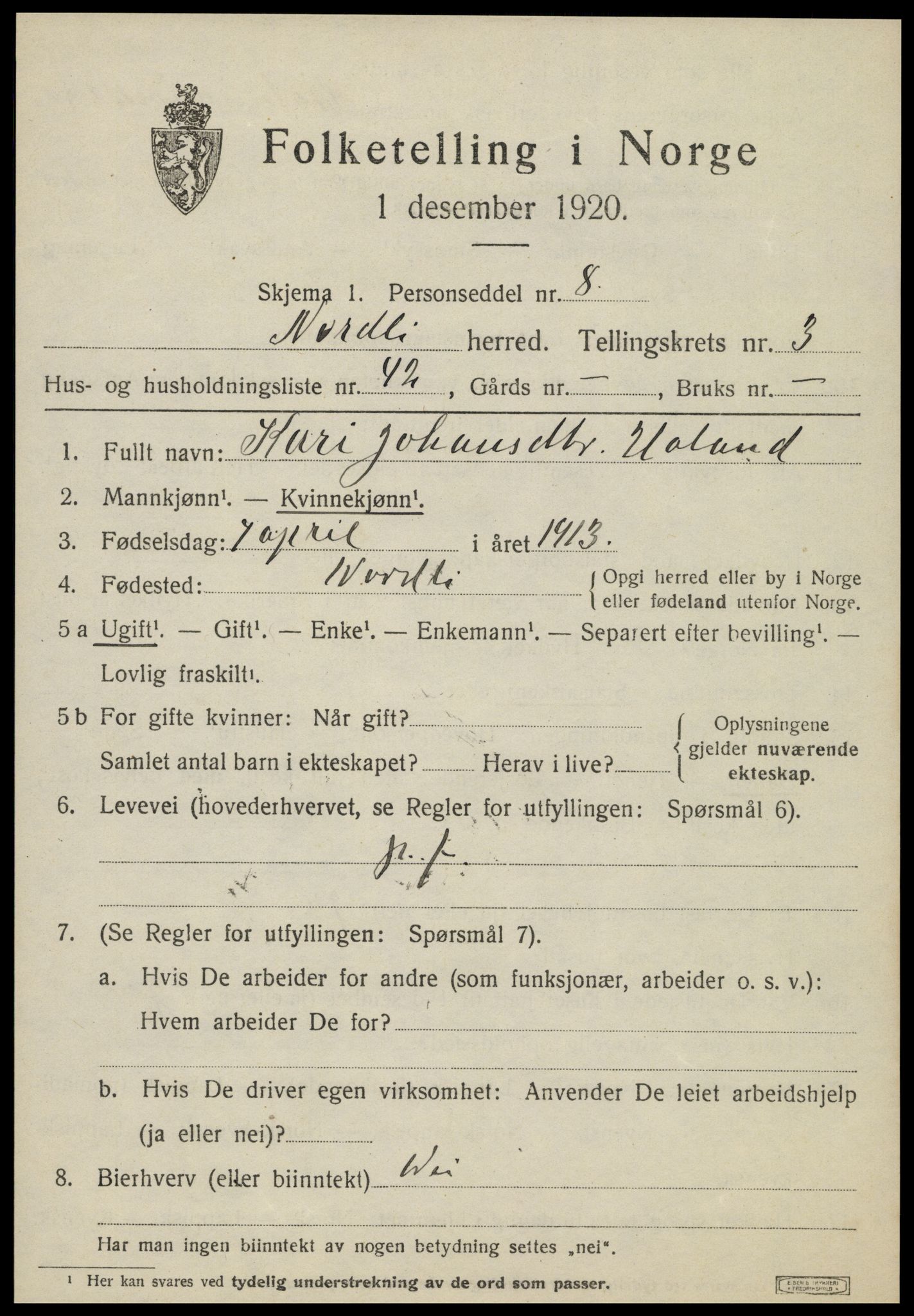 SAT, 1920 census for Nordli, 1920, p. 1823
