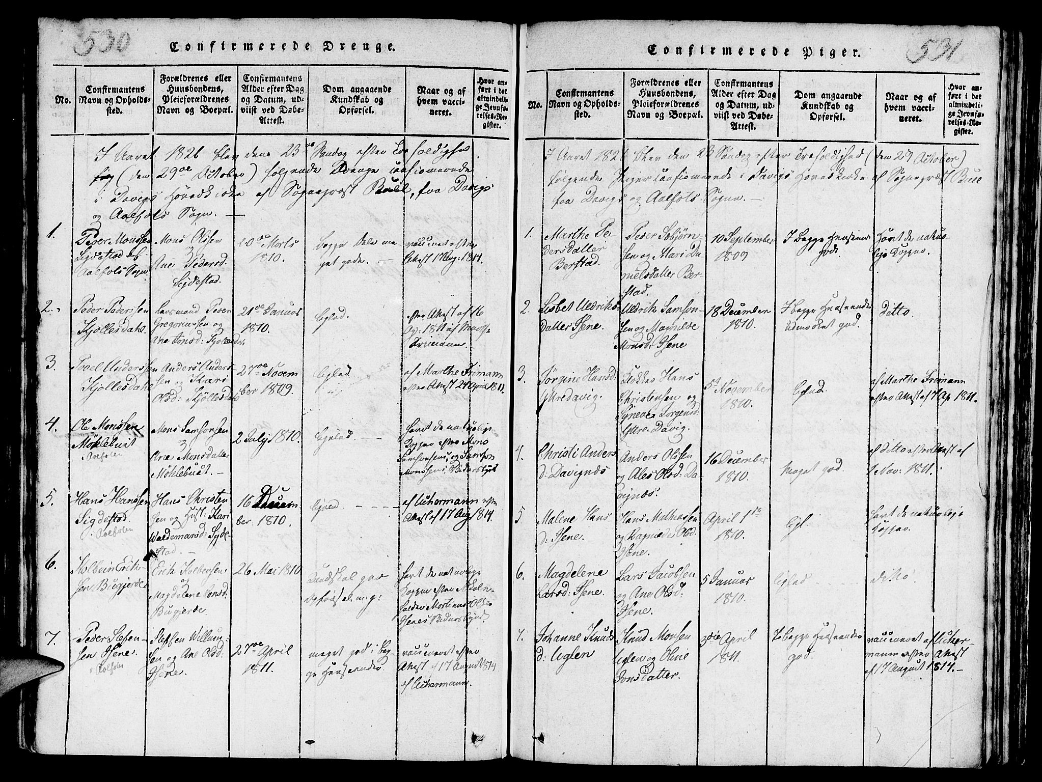 Davik sokneprestembete, AV/SAB-A-79701/H/Haa/Haaa/L0003: Parish register (official) no. A 3, 1816-1830, p. 530-531