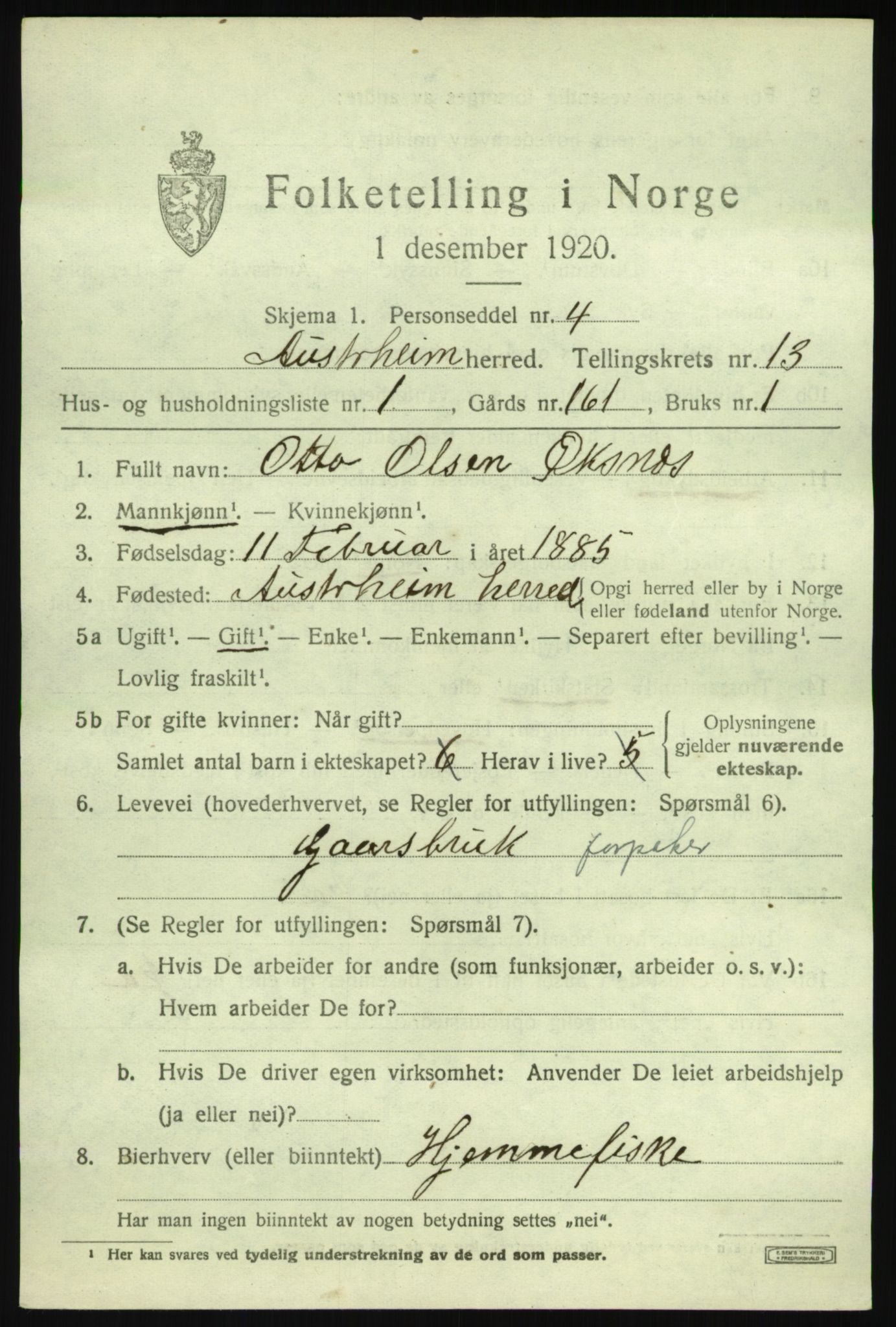 SAB, 1920 census for Austrheim, 1920, p. 4520