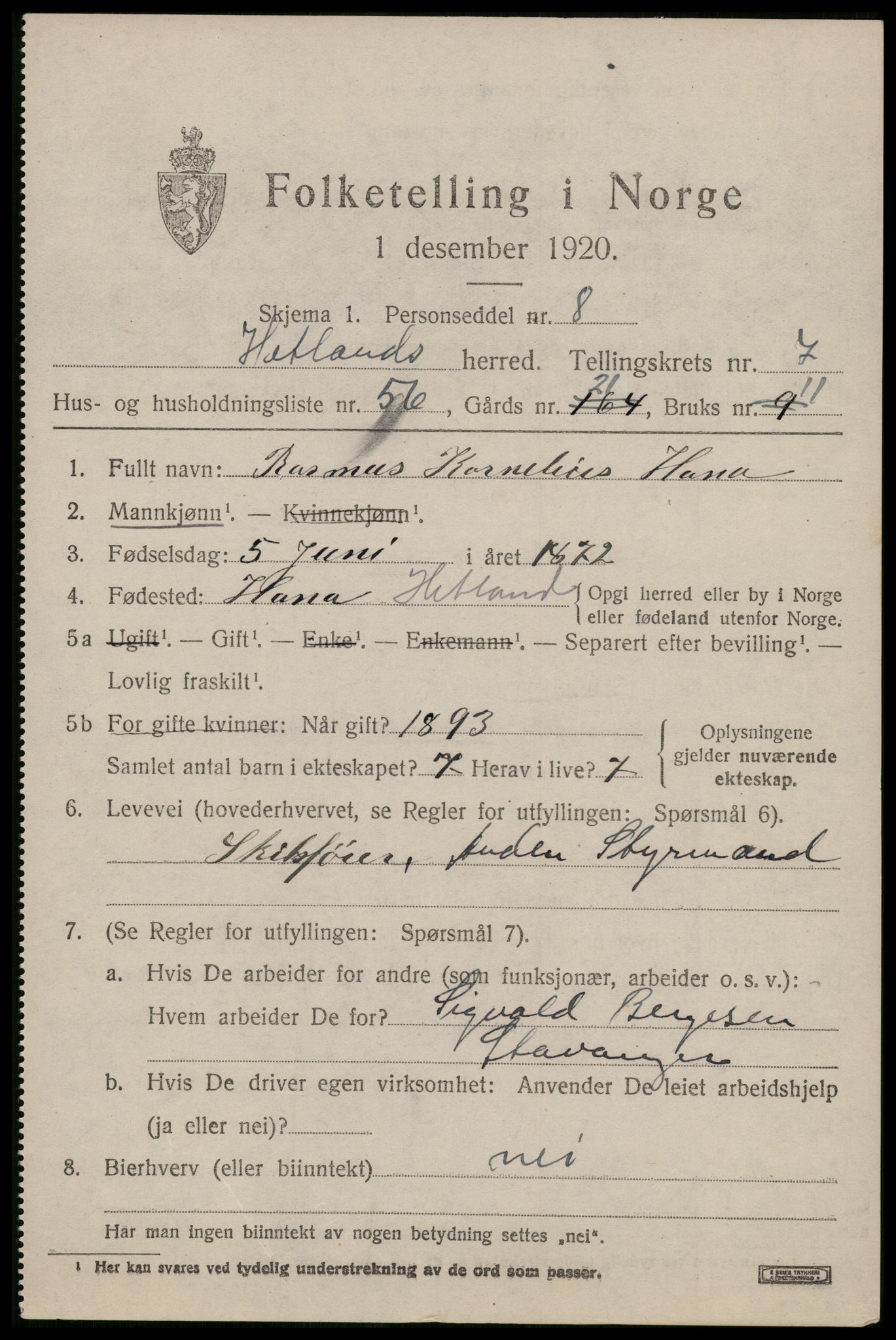 SAST, 1920 census for Hetland, 1920, p. 14669