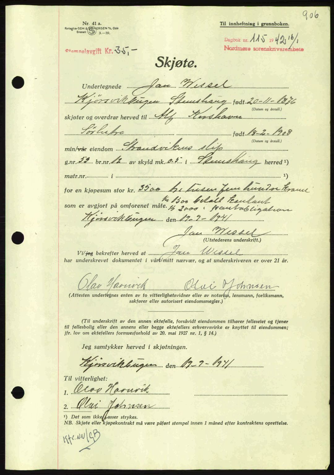 Nordmøre sorenskriveri, AV/SAT-A-4132/1/2/2Ca: Mortgage book no. A91, 1941-1942, Diary no: : 115/1942