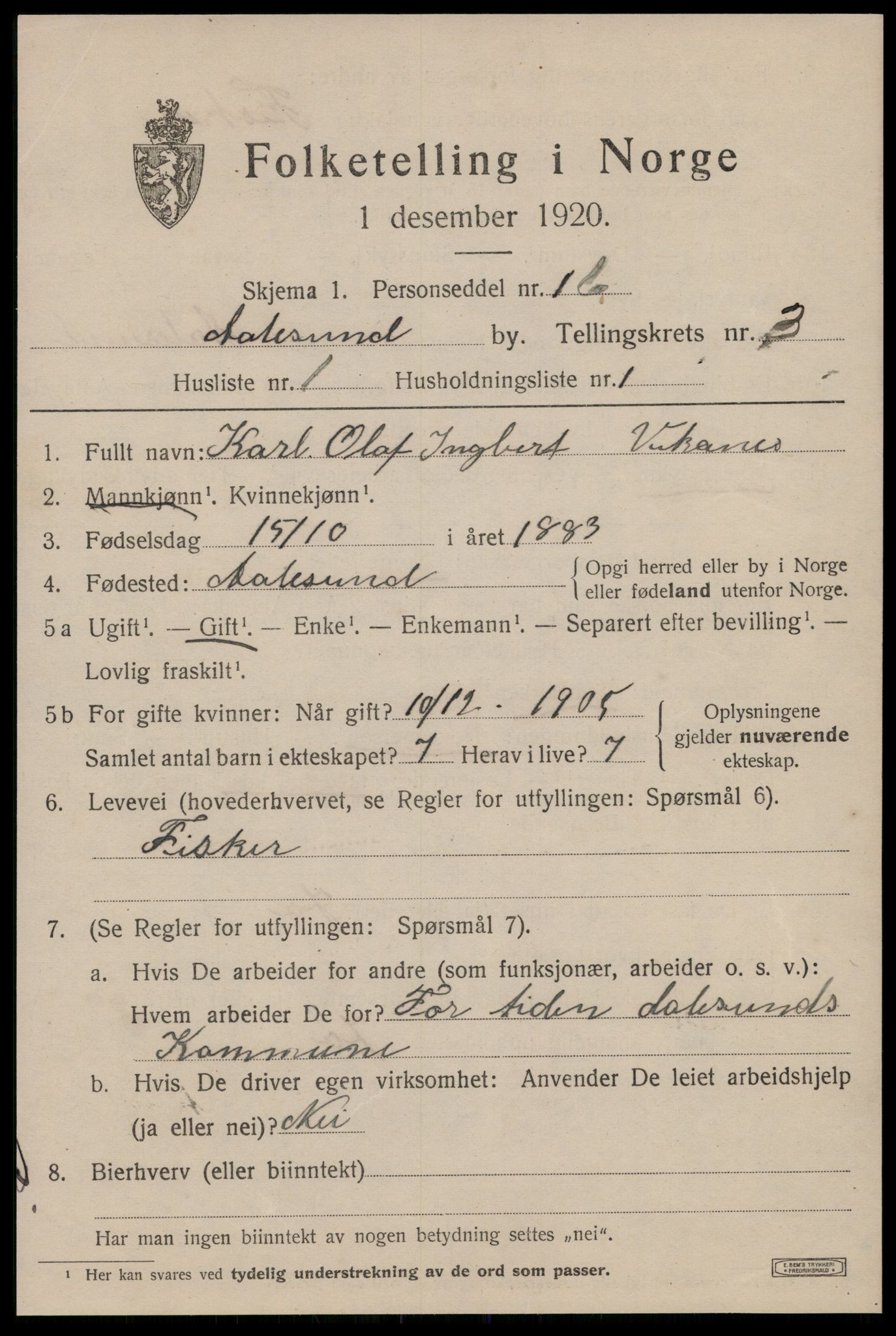 SAT, 1920 census for Ålesund, 1920, p. 11892