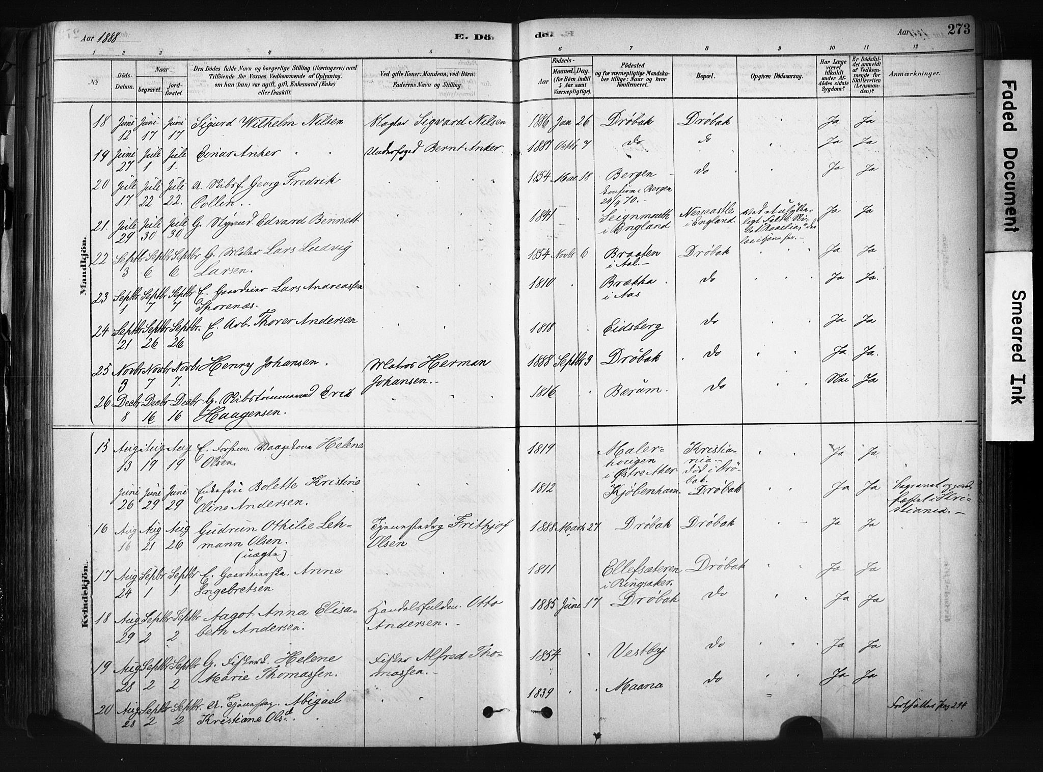 Drøbak prestekontor Kirkebøker, AV/SAO-A-10142a/F/Fb/L0001: Parish register (official) no. II 1, 1878-1891, p. 273