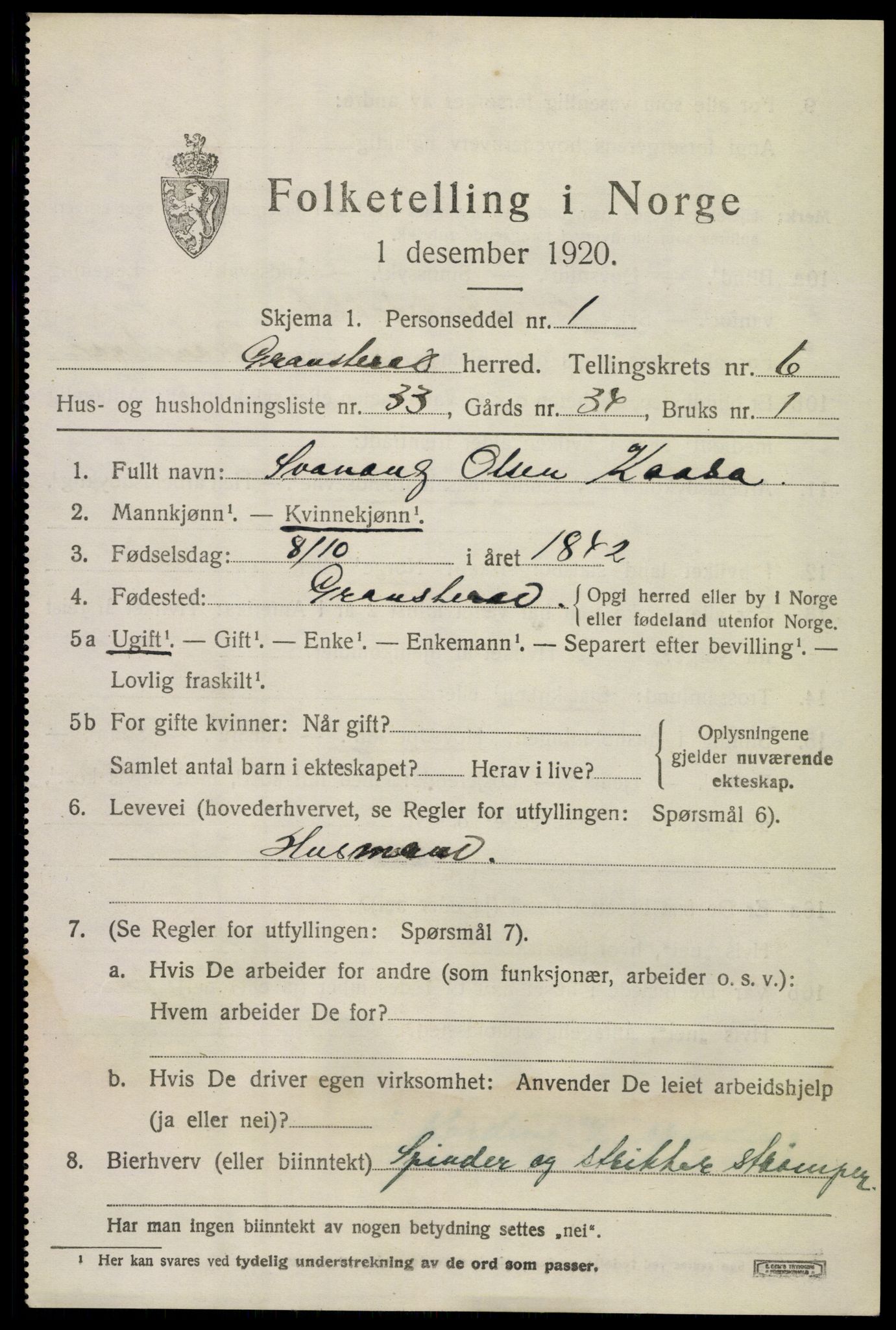 SAKO, 1920 census for Gransherad, 1920, p. 2708