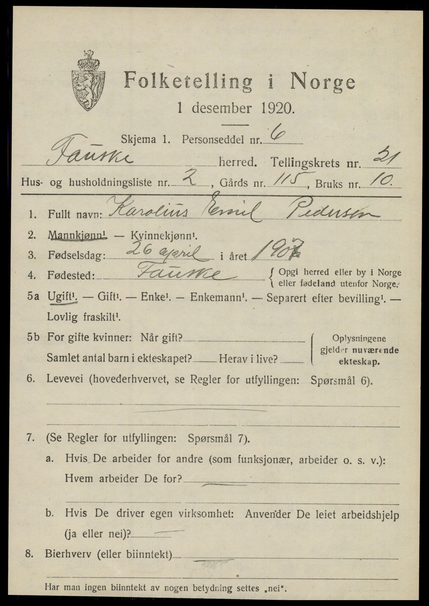 SAT, 1920 census for Fauske, 1920, p. 12920