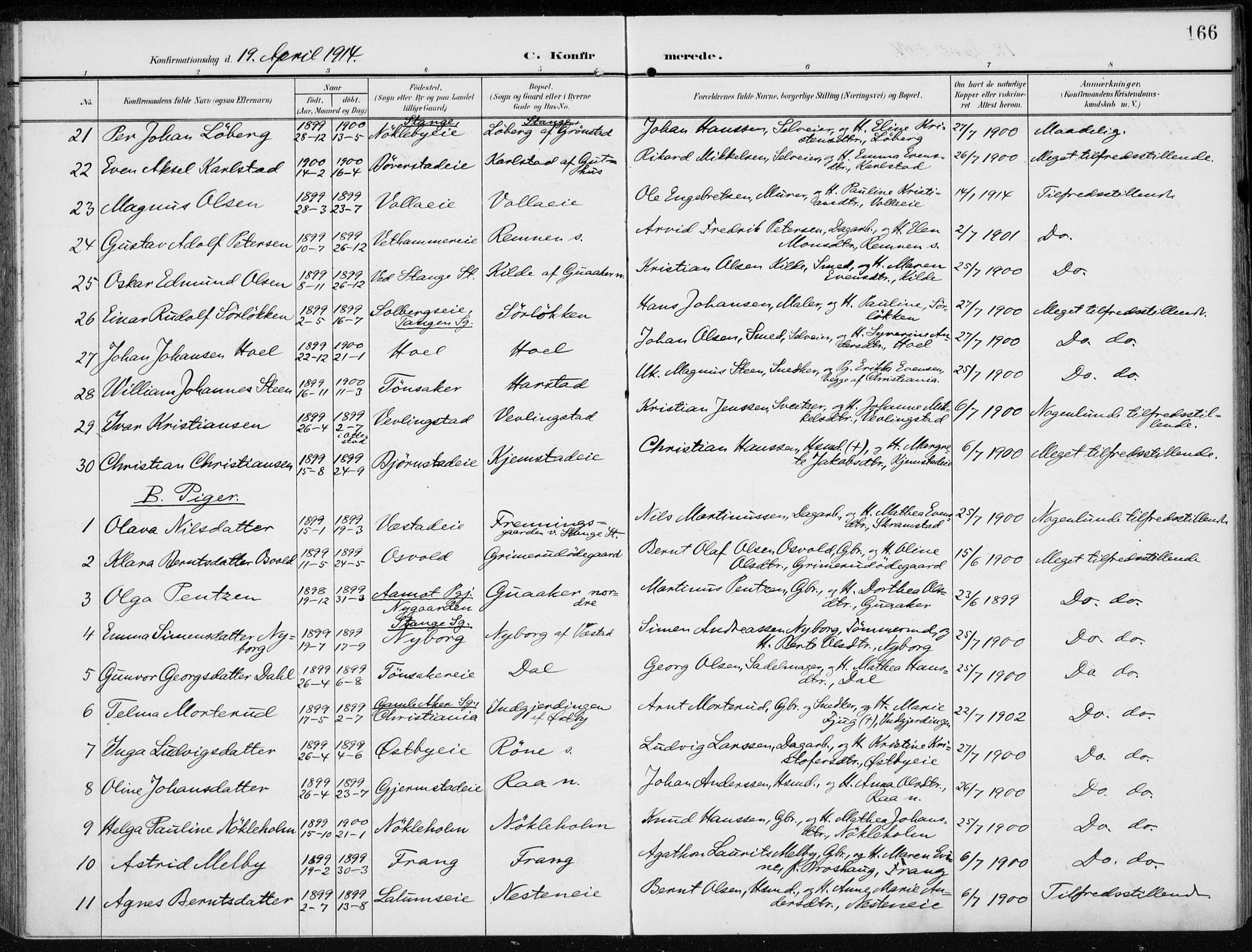 Stange prestekontor, AV/SAH-PREST-002/K/L0024: Parish register (official) no. 24, 1906-1922, p. 166